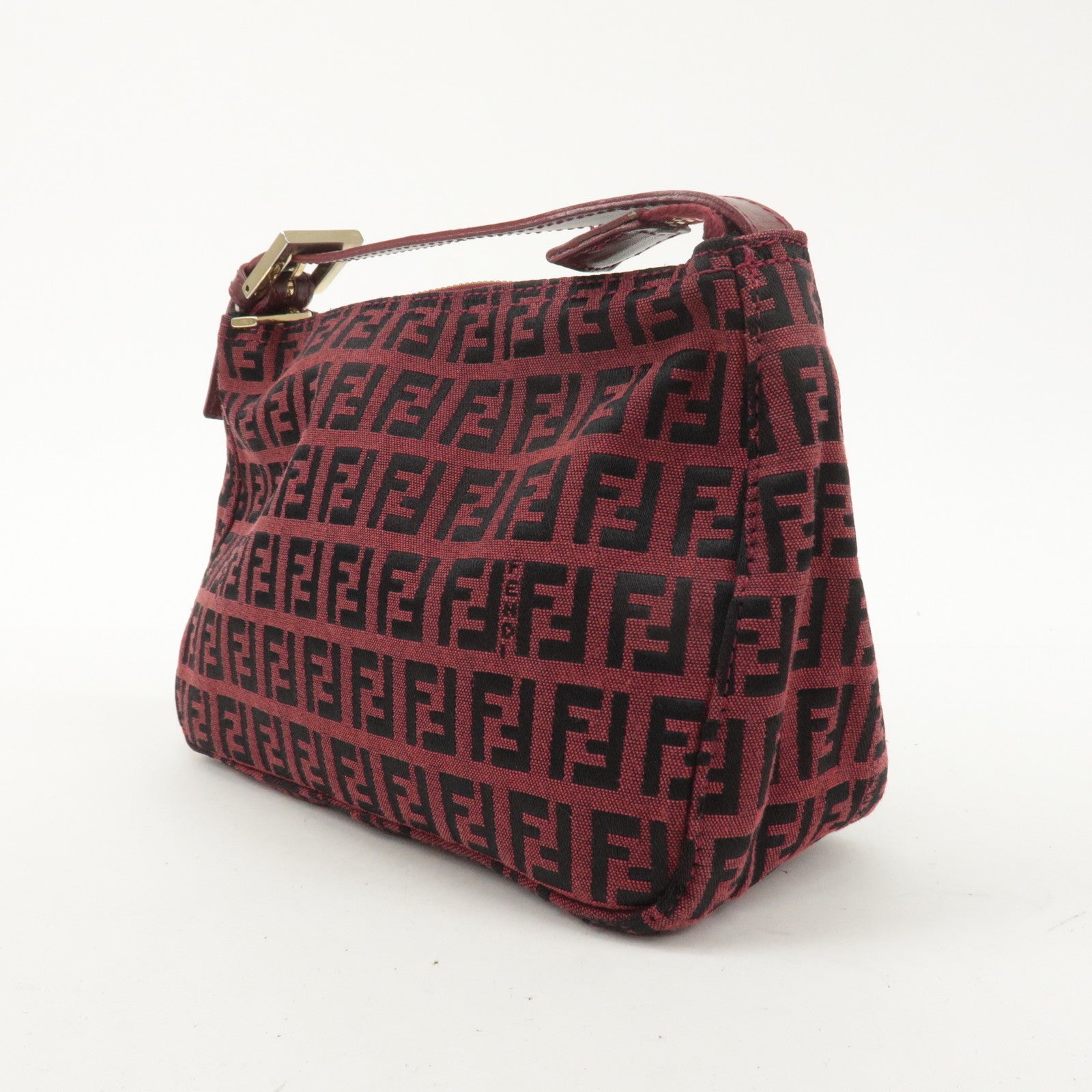 FENDI Zucchino Canvas Leather Pouch Hand Bag Red Black 8N0001