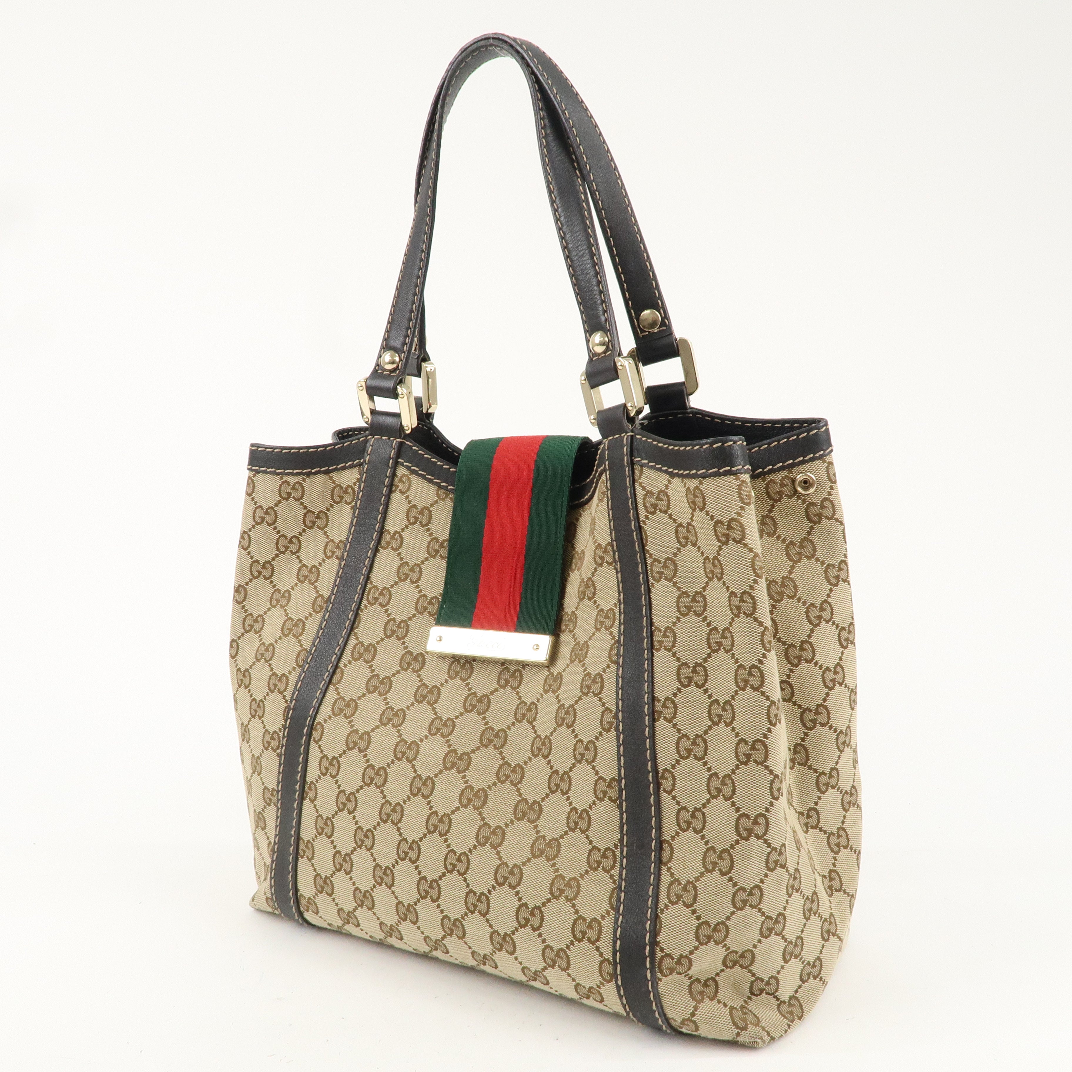 GUCCI Sherry GG Canvas Leather Tote Bag Beige Brown 233607