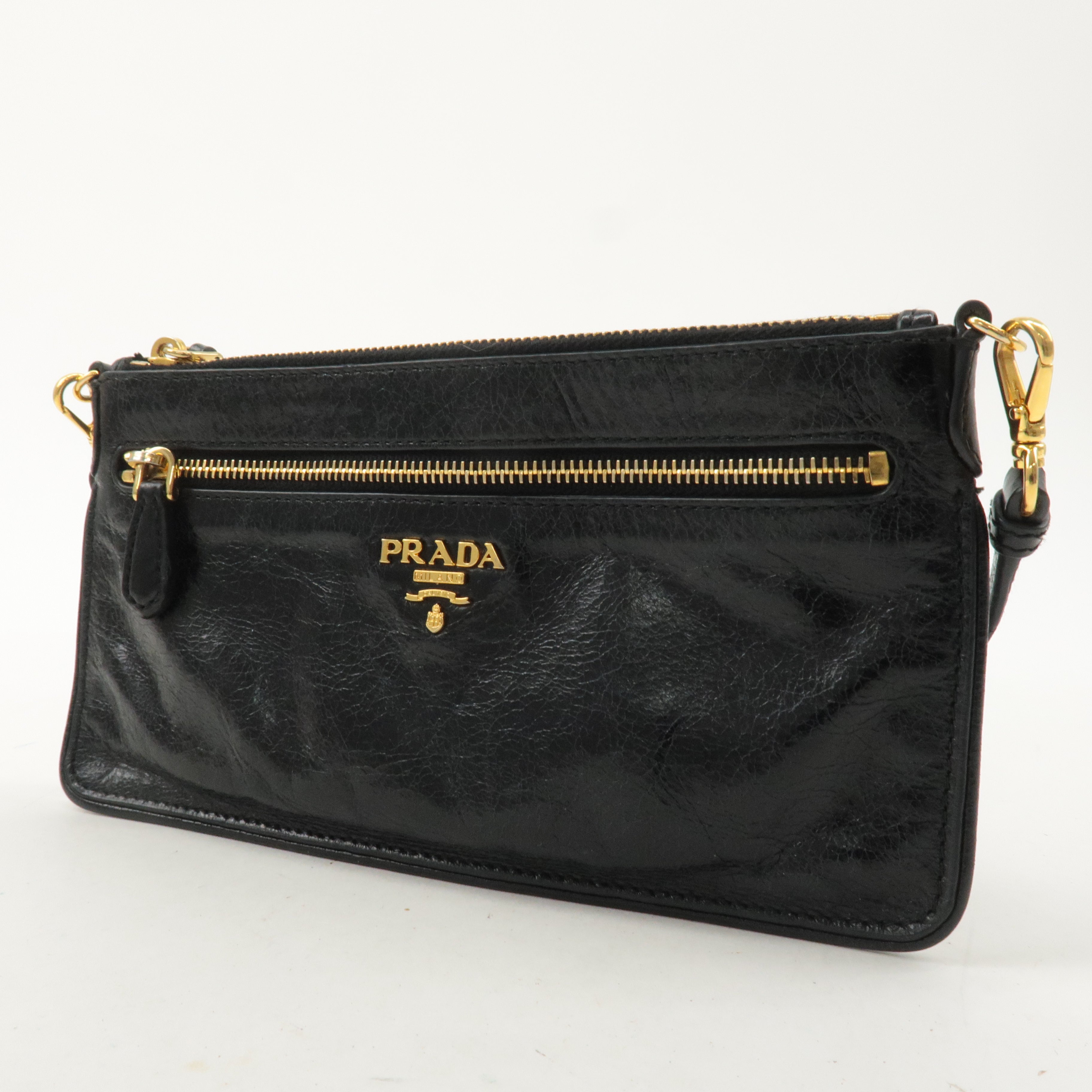 PRADA Logo Leather Pouch with Strap Shoulder Bag Black