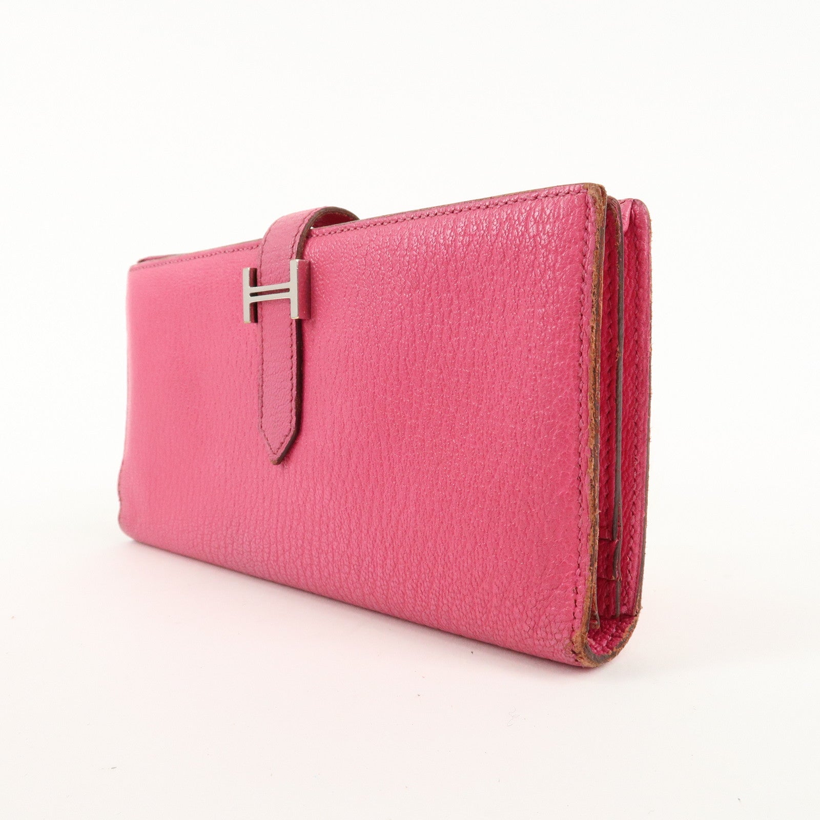 HERMES Leather Bearn Soufflet N engraved (around 2010) Wallet Pink