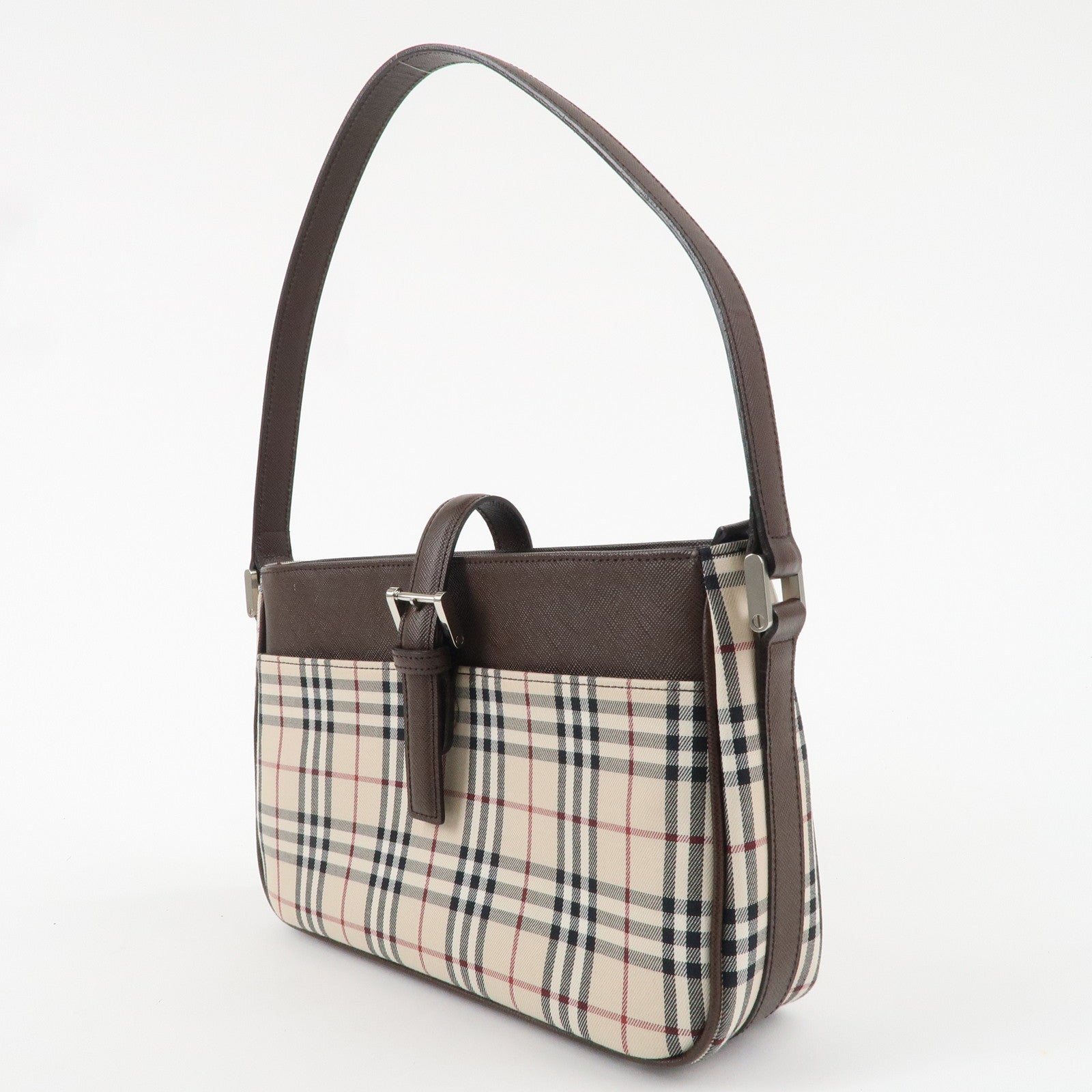 Burberry Nova Plaid Canvas Leather Shoulder Bag Beige Brown