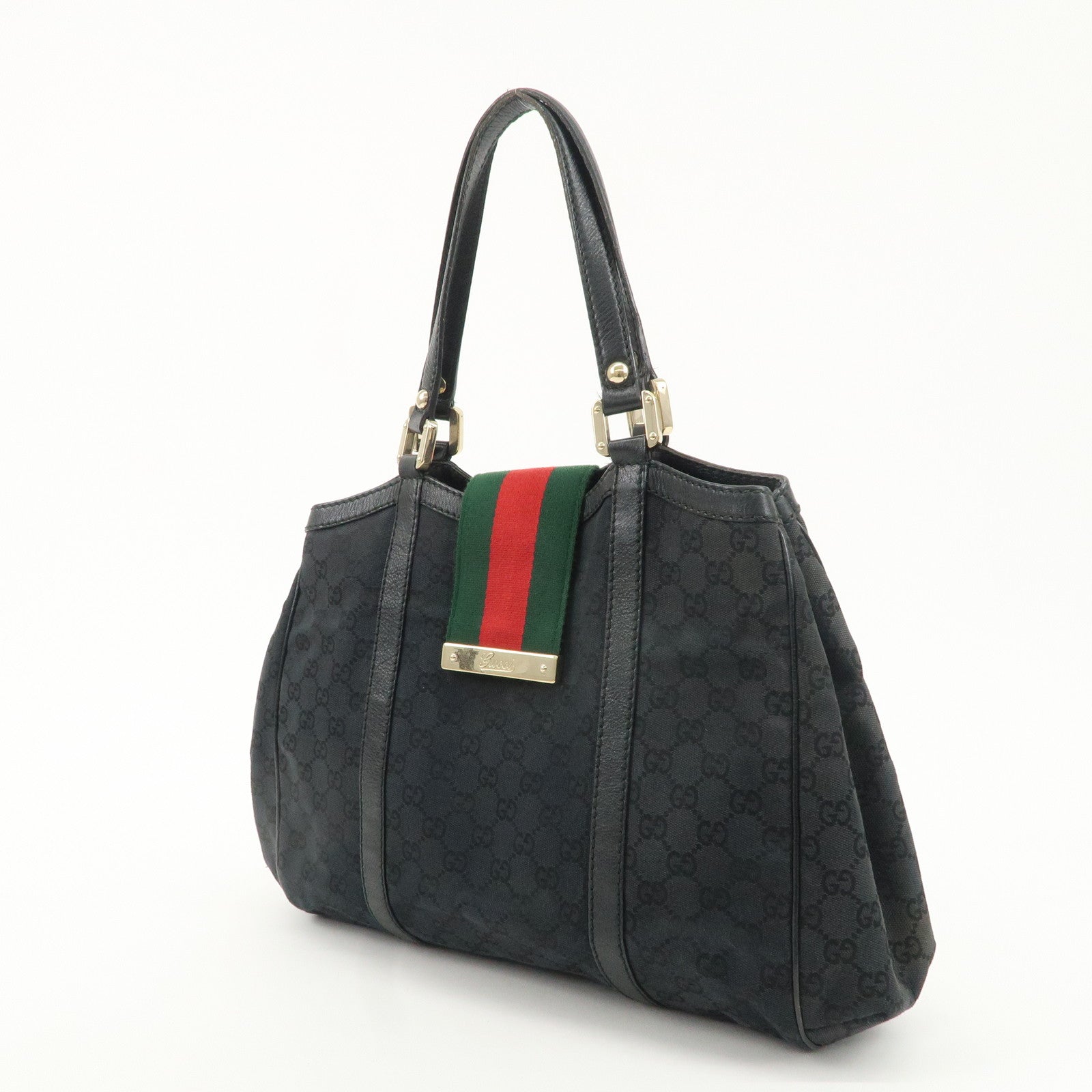 GUCCI Sherry GG Canvas Leather Tote Bag Shoulder Bag Black 233609