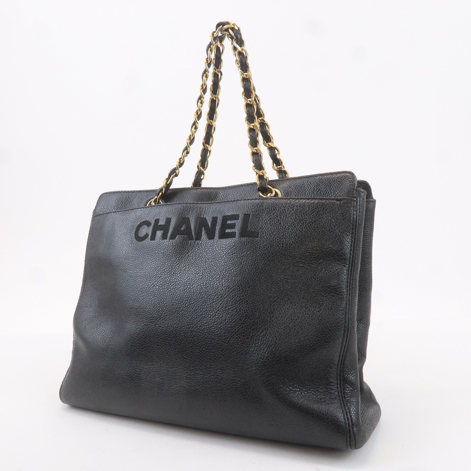 CHANEL Caviar Skin Chain Tote Bag Black Gold 5088083