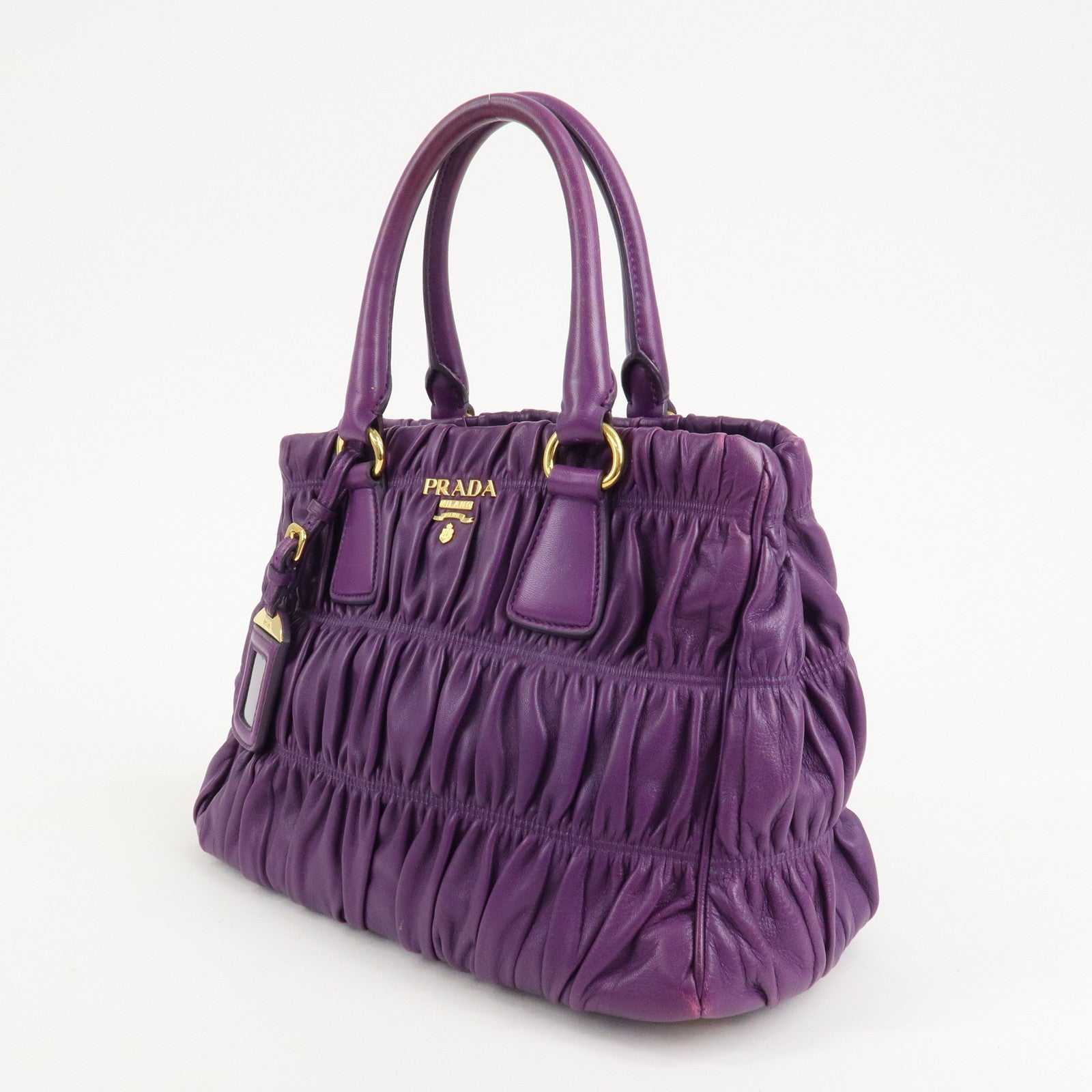 PRADA Leather Gathered Hand Bag Purple Gold Hardware BN2394