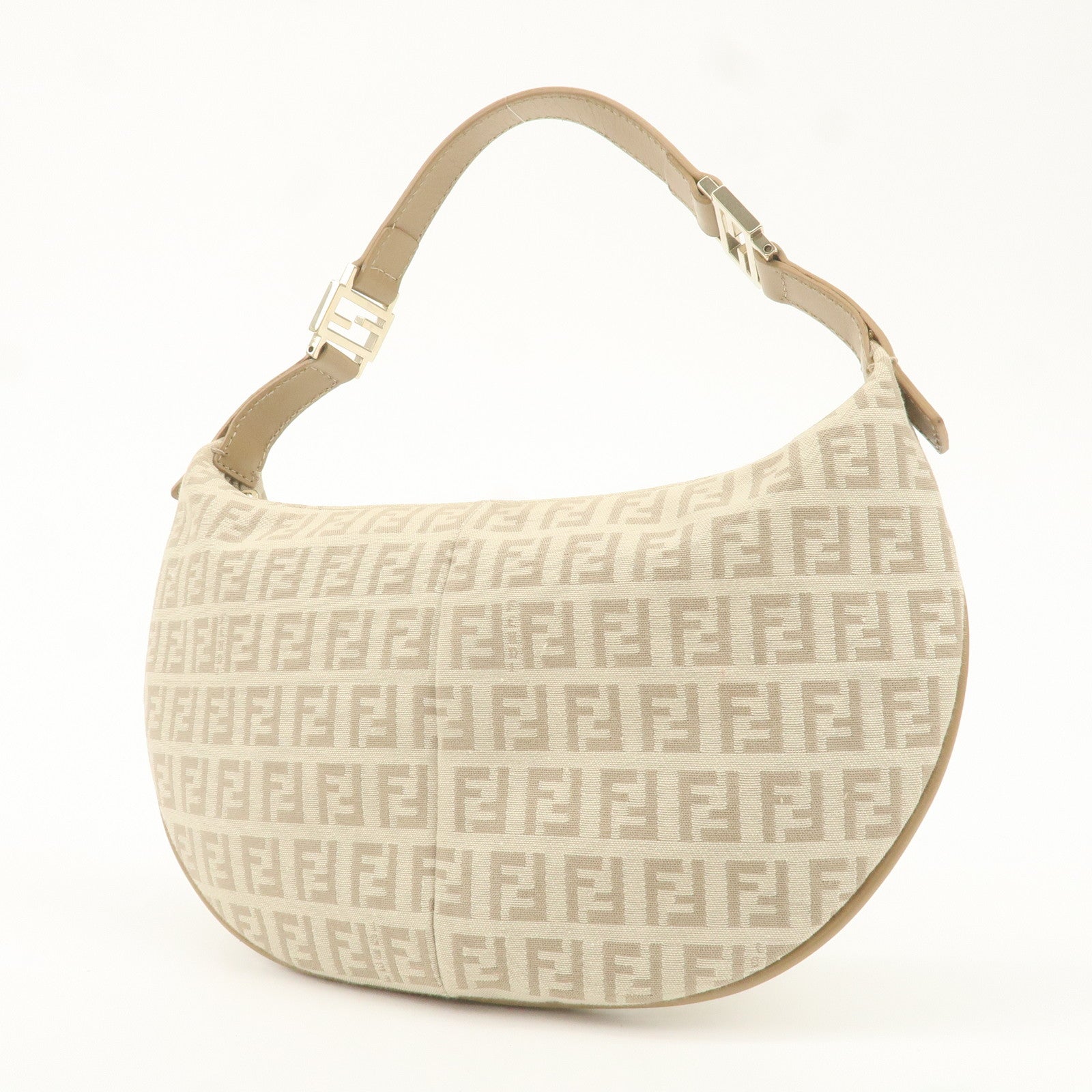 FENDI Zucchino Canvas Leather Shoulder Bag Beige Gray 8BR440