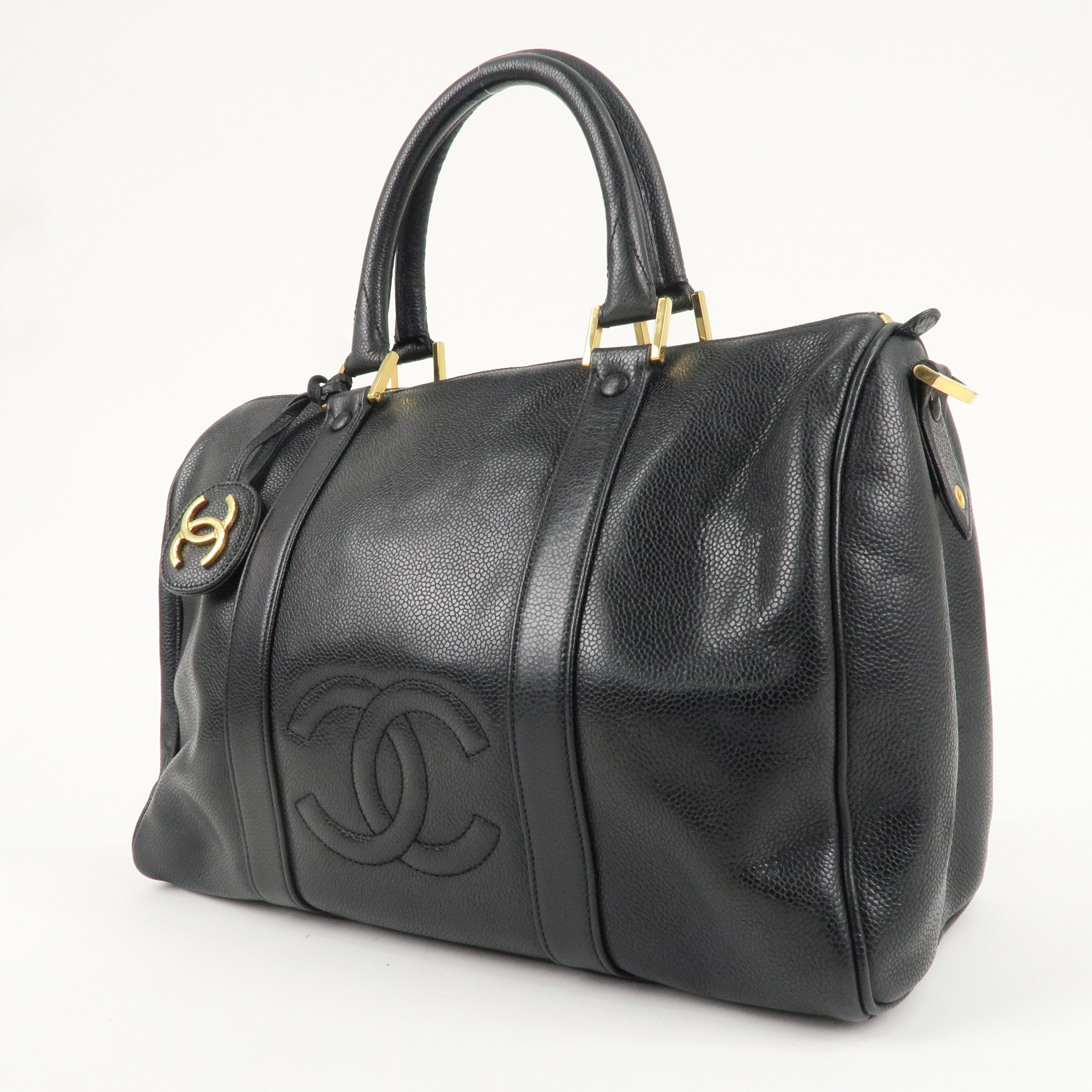 CHANEL Caviar Skin COCO Mark Boston bag Hand Bag Black Gold HDW