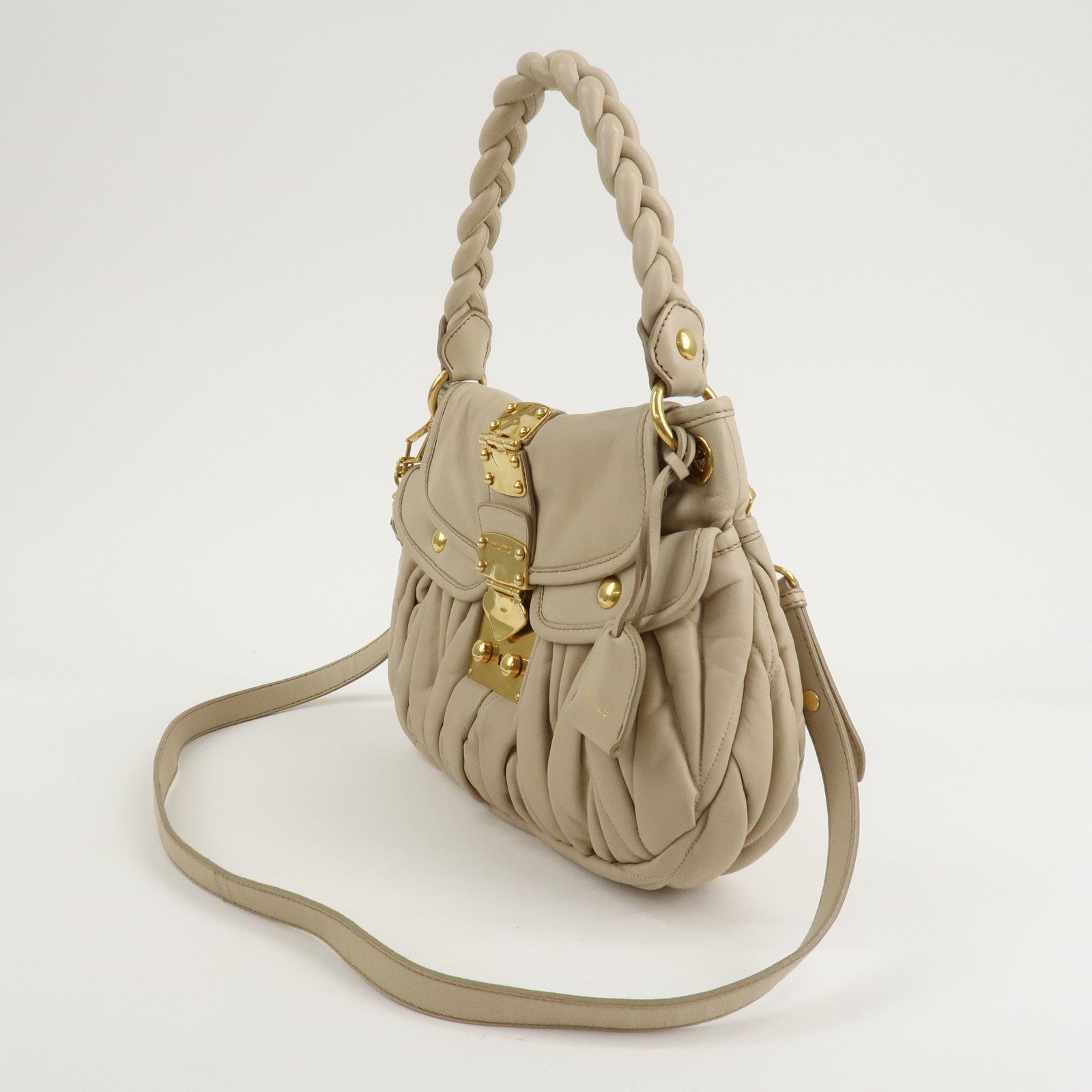 MIU MIU Leather 2Way Shoulder Bag Hand Bag Beige RR1358 Used