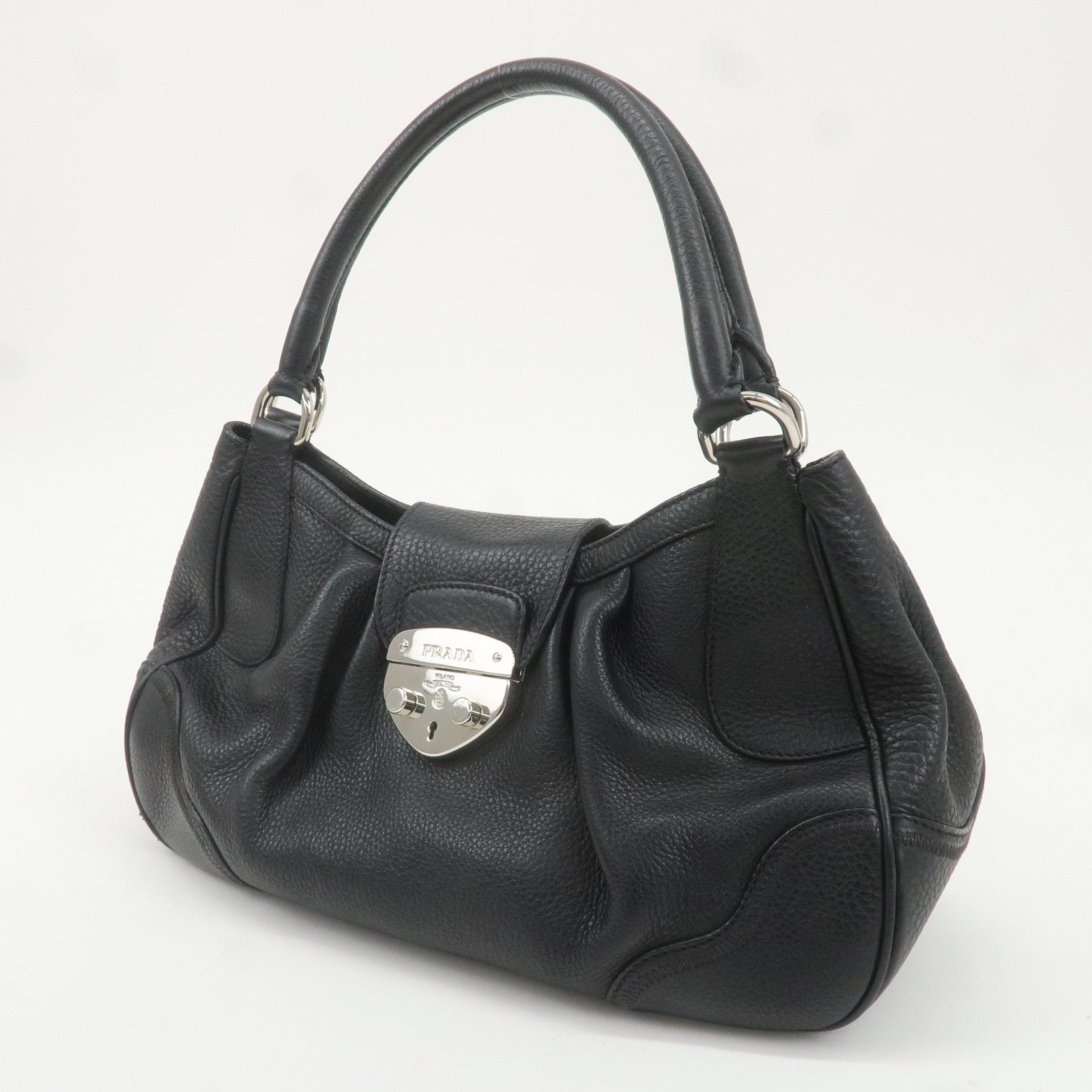 PRADA Leather Shoulder Bag Black Silver Hardware