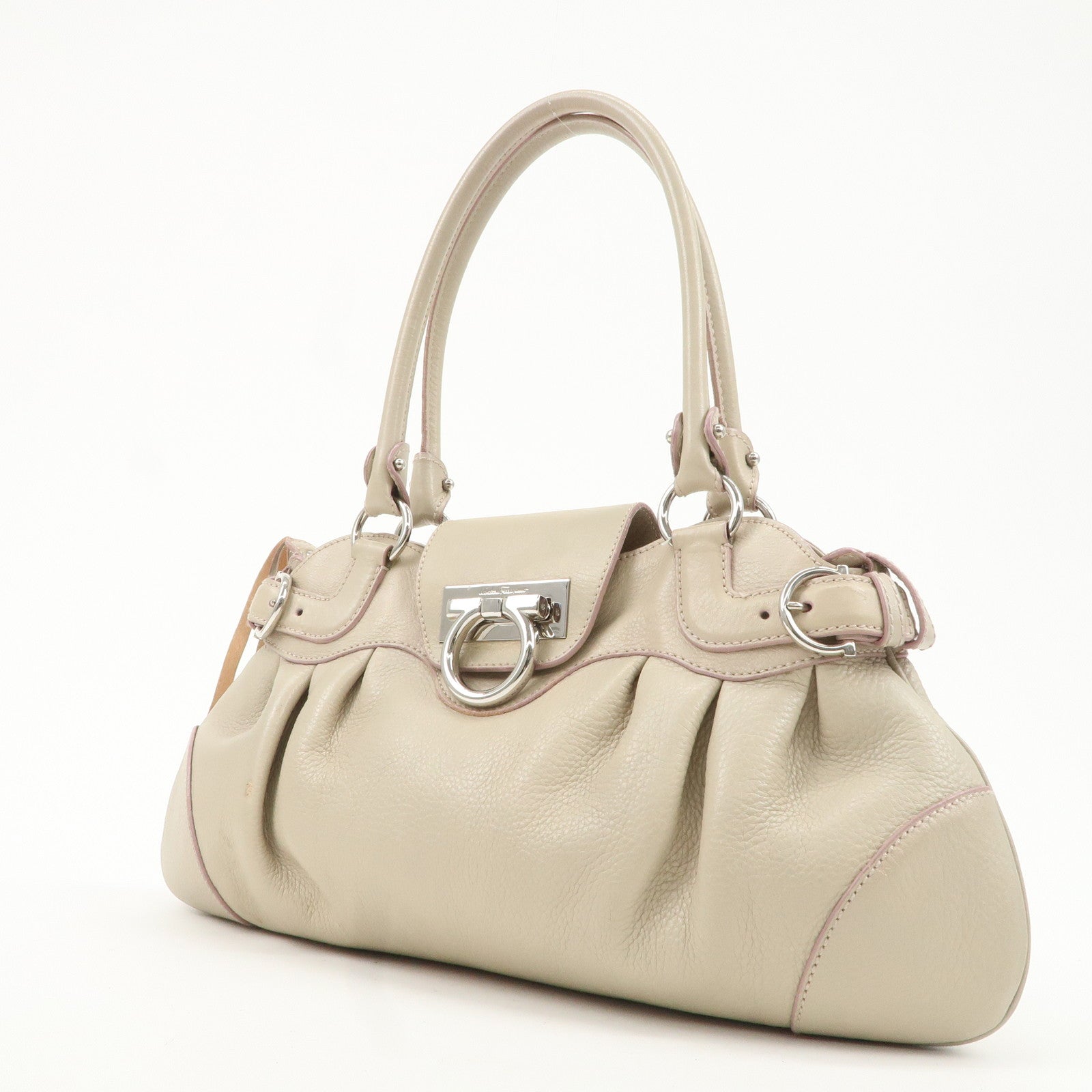 Ferragamo Ganchini Leather Shoulder Bag Beige Used