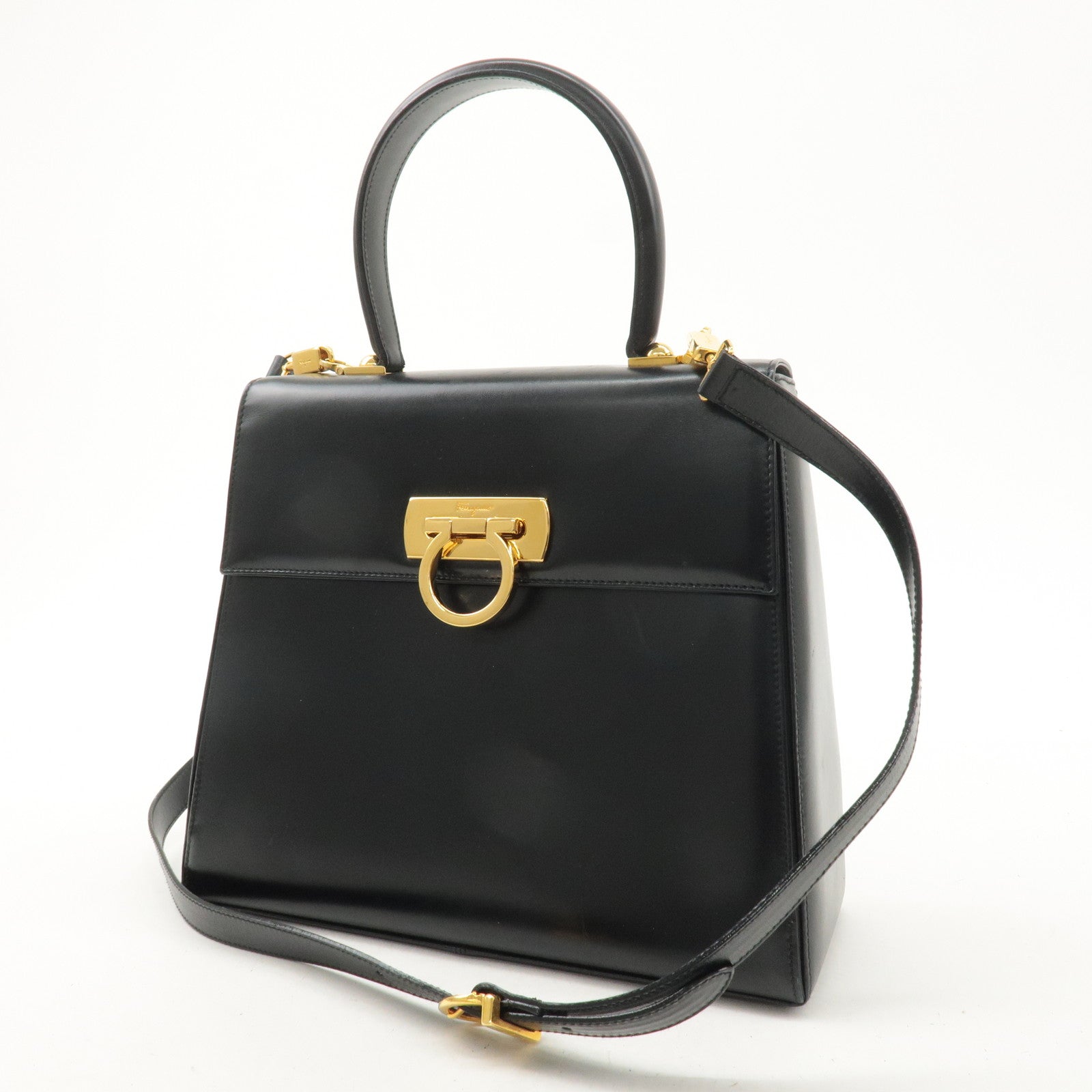 FERRAGAMO Leather Gancini 2Way Hand Shoulder Bag Black AT210536