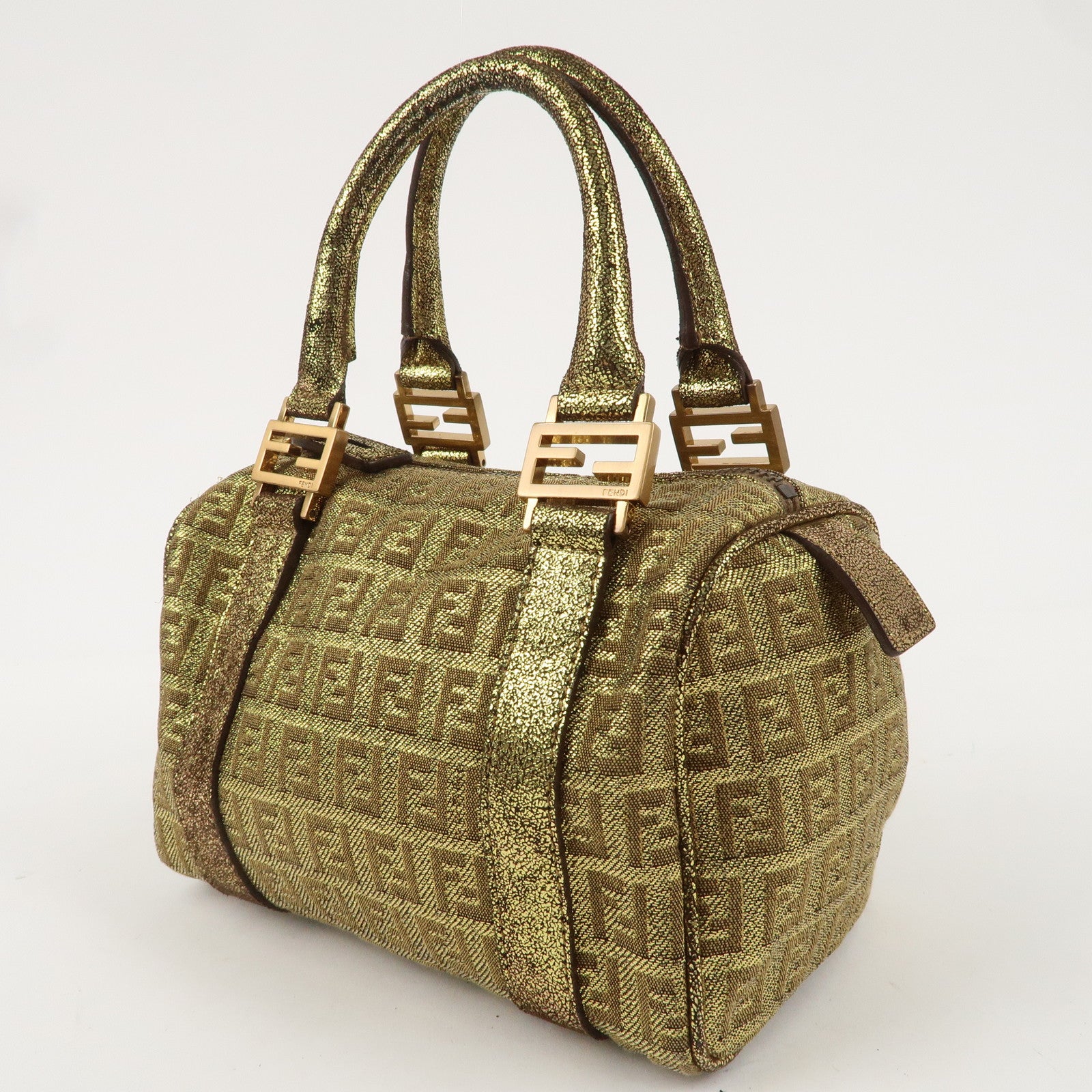 FENDI Zucchino Canvas Leather Mini Boston Bag Gold 8BL071