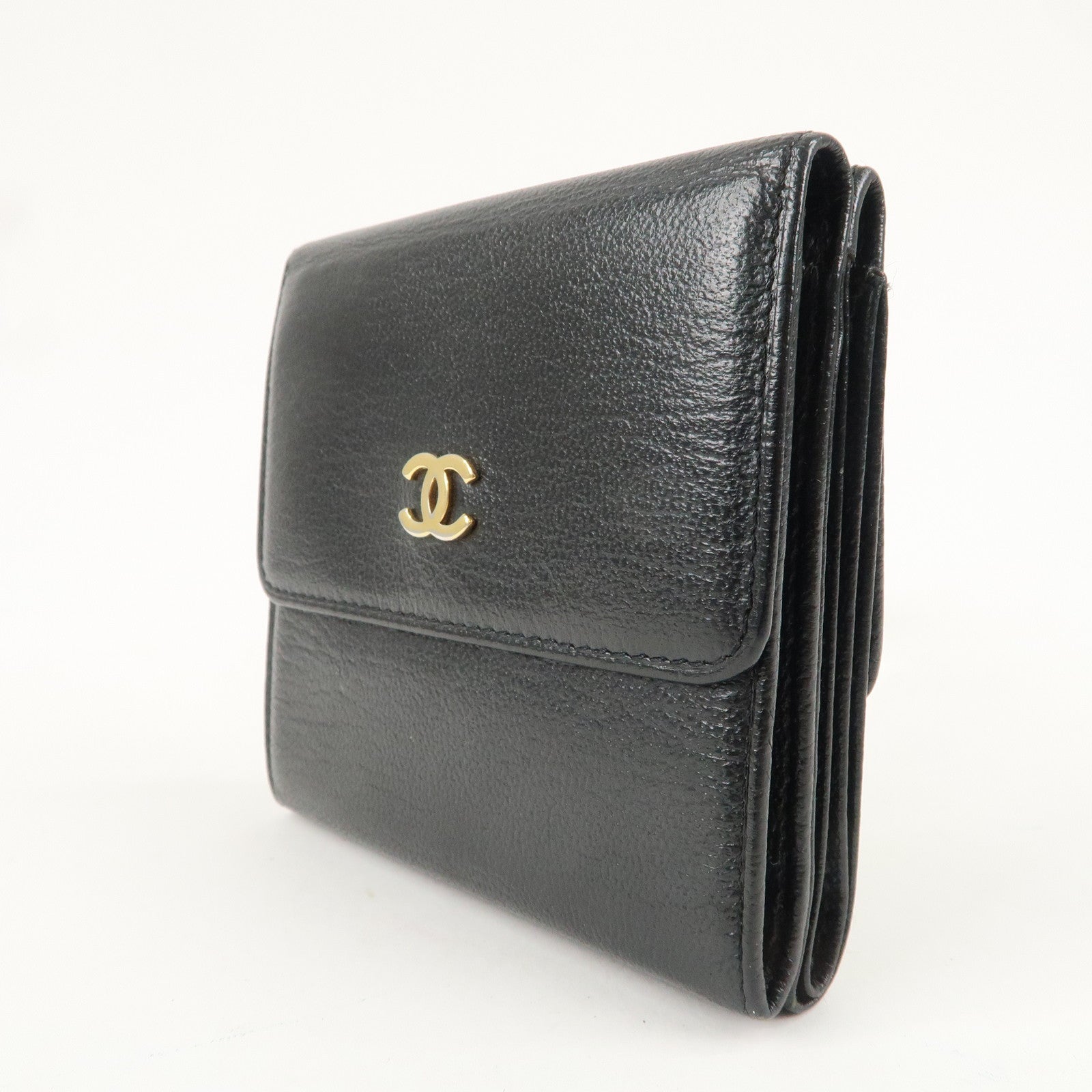 CHANEL Leather Double Hook Wallet Black Gold Hardware