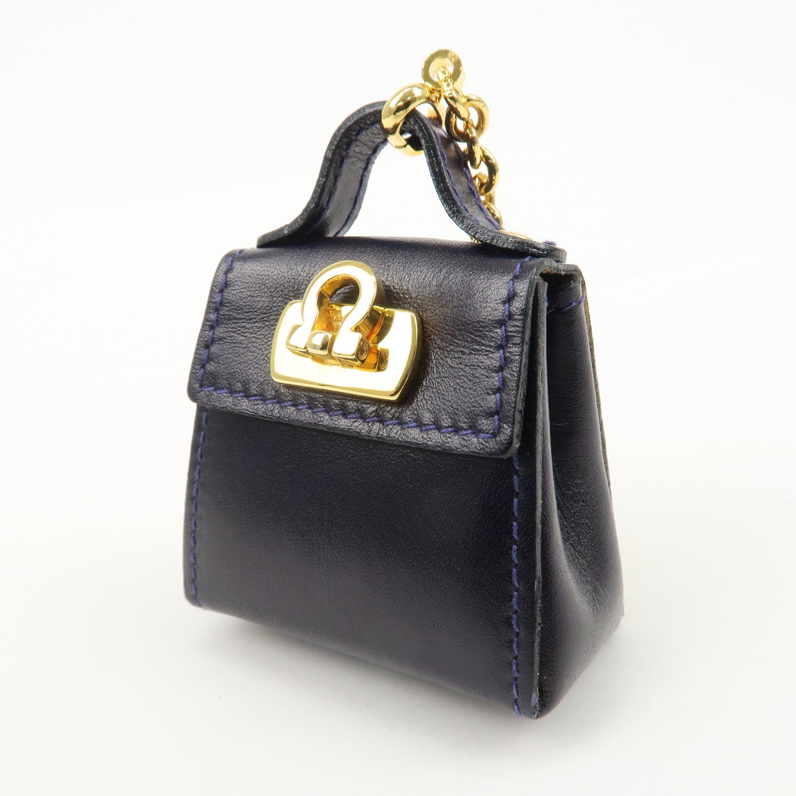 Ferragamo Leather Gancini Bag Motif Charm Dark Purple 22.5641 Used