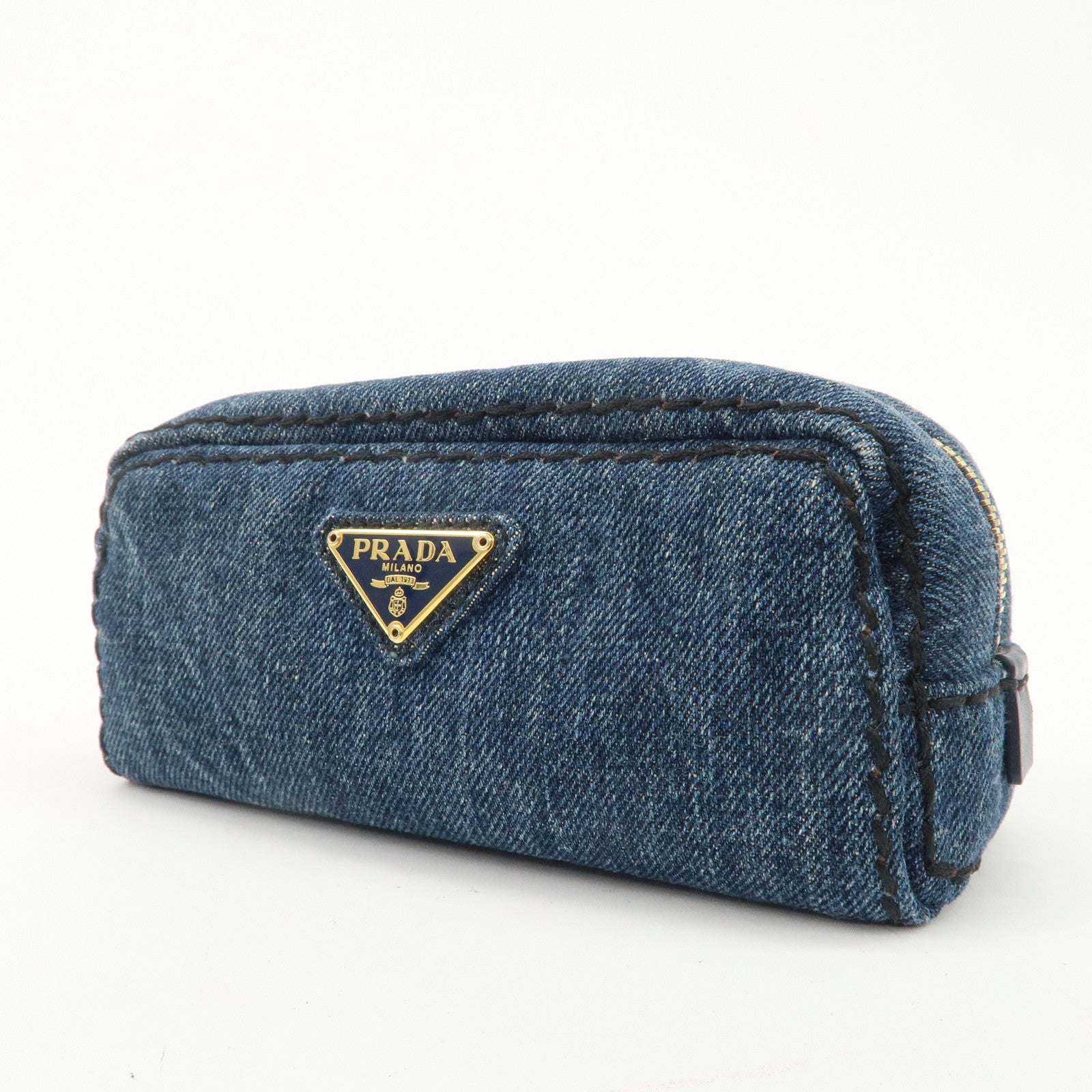 PRADA Triangle Logo Denim Pouch Cosmetic Pouch Blue Gold HDW