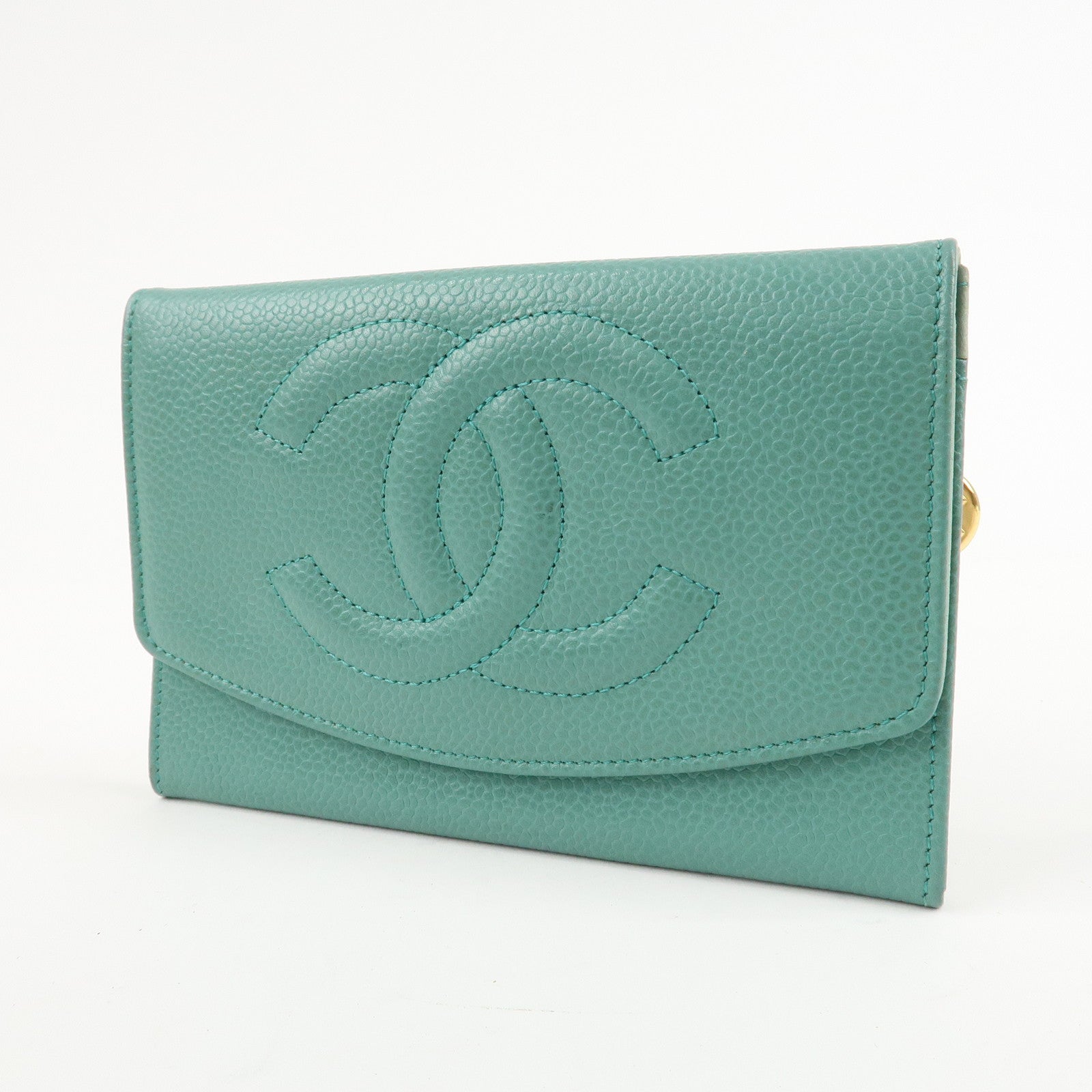 CHANEL Caviar Skin Coco Mark Bi-fold Wallet Green Used