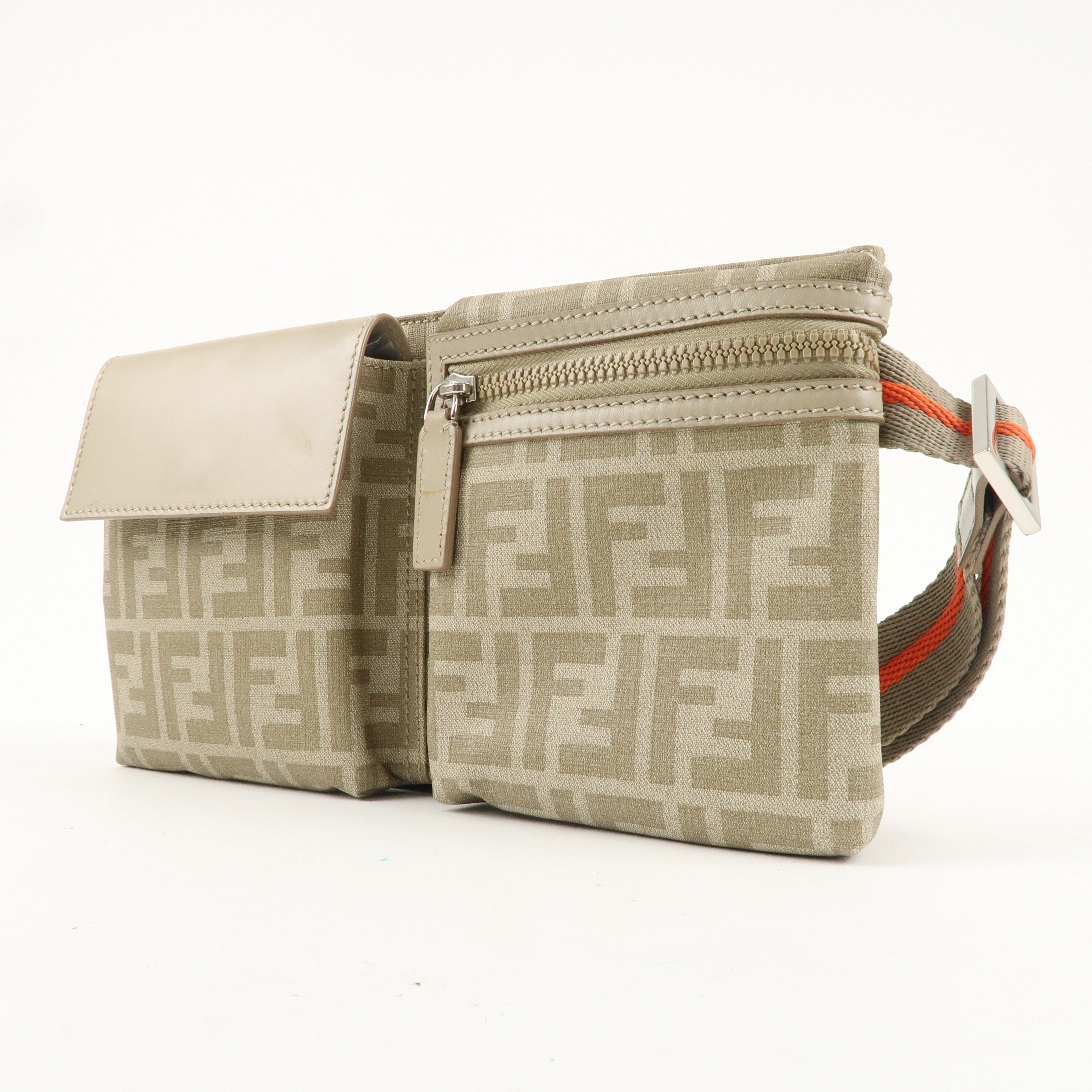 FENDI Zucca Canvas Leather Waist Bag Body Bag 7VA280 Beige