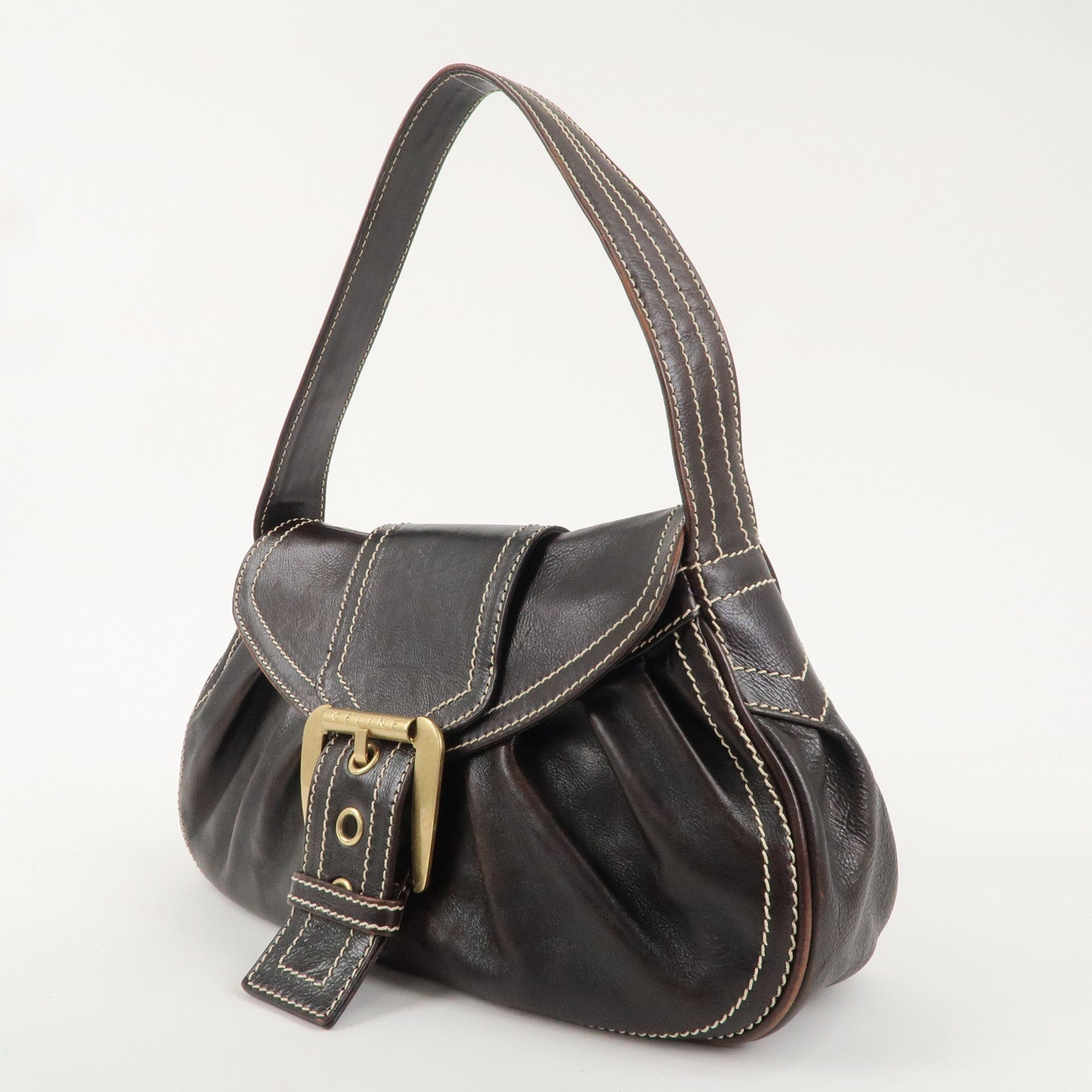 CELINE Leather Shoulder Bag Dark Brown