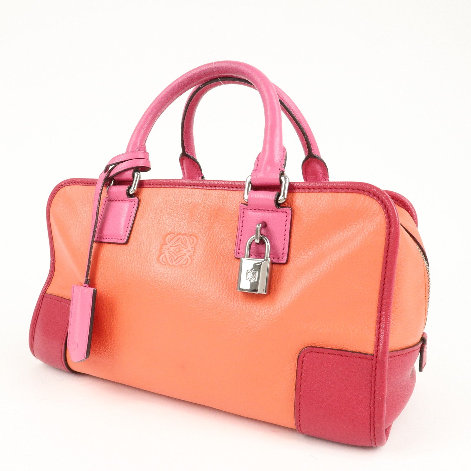 LOEWE Anagram Leather Amazona 28 Hand Bag Orange Bordeaux Pink Used