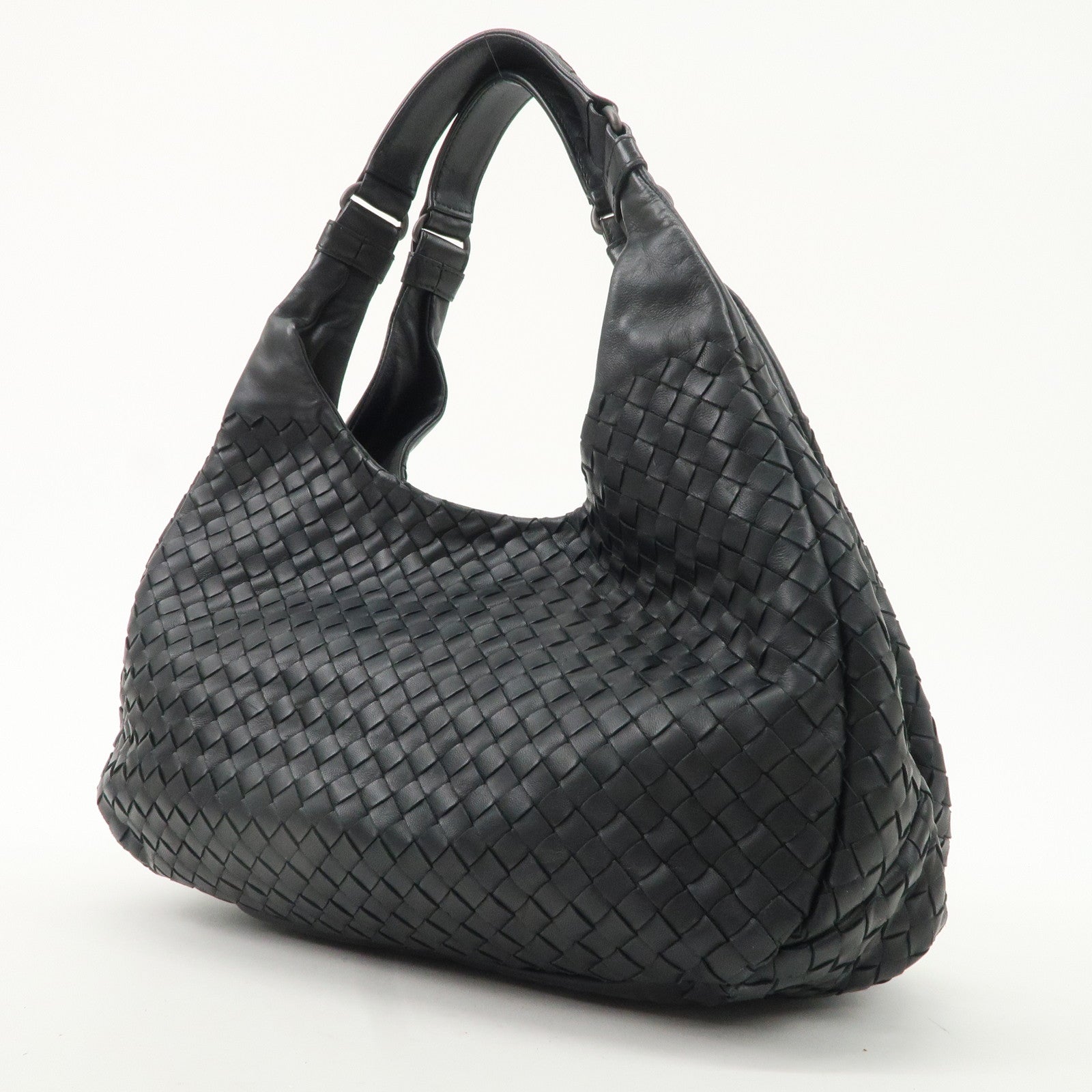 BOTTEGA VENETA Intrecciato Leather Campana Shoulder Bag Black 125787