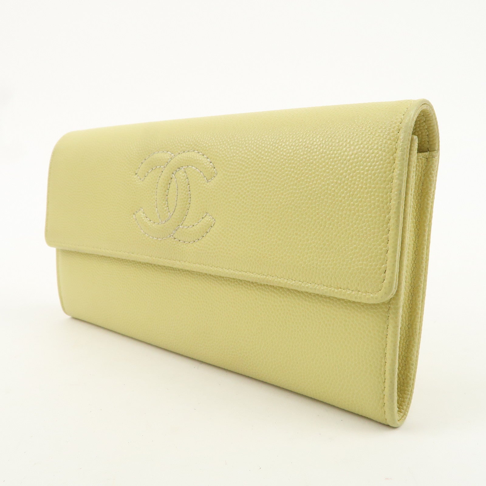 CHANEL Caviar Skin Coco Mark Bi-fold Long Wallet Light Yellow