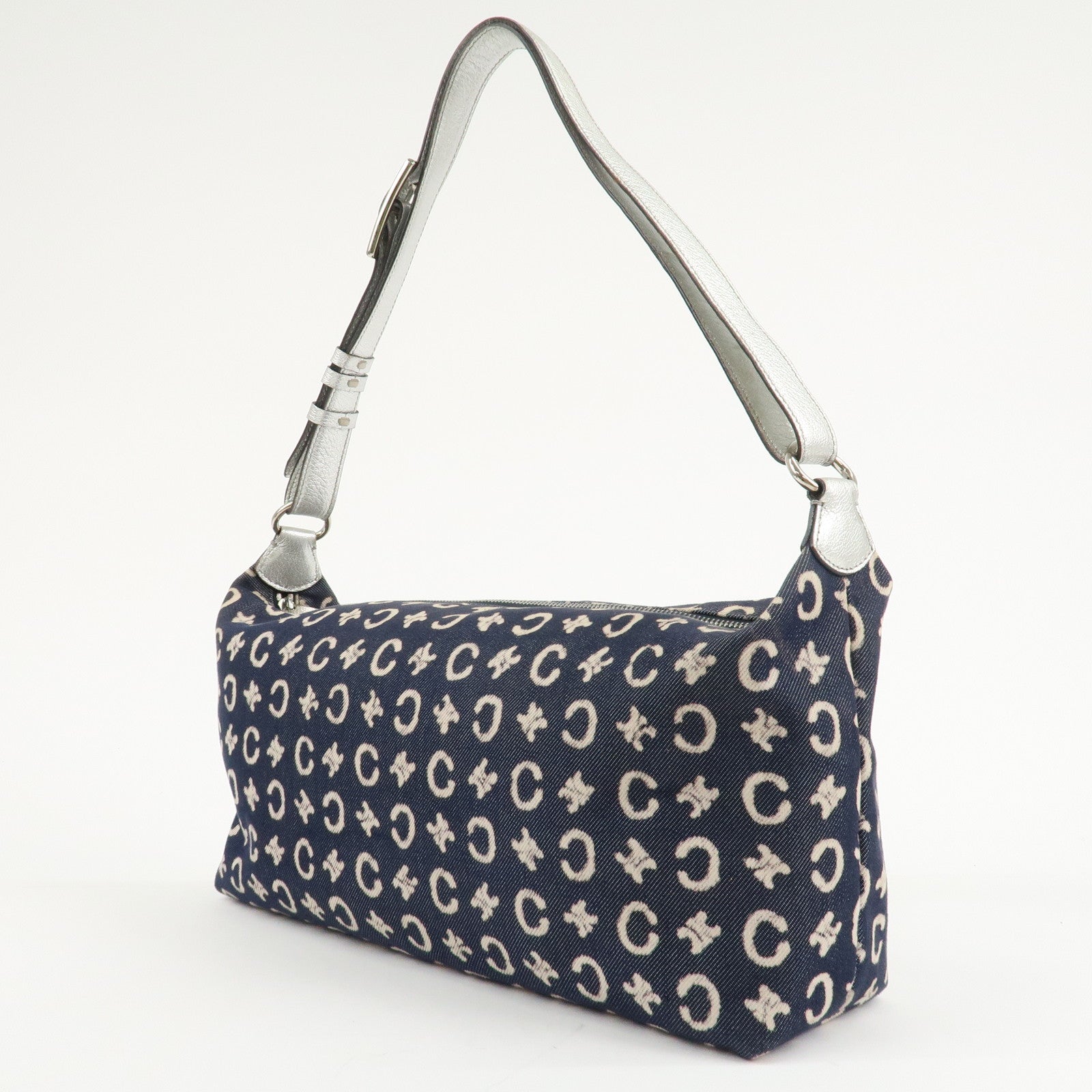 CELINE C Macadam Canvas Leather Shoulder Bag Navy Silver