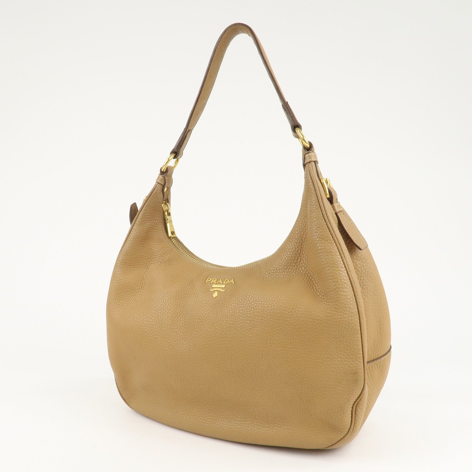 PRADA Leather Shoulder Bag Hand Bag Beige