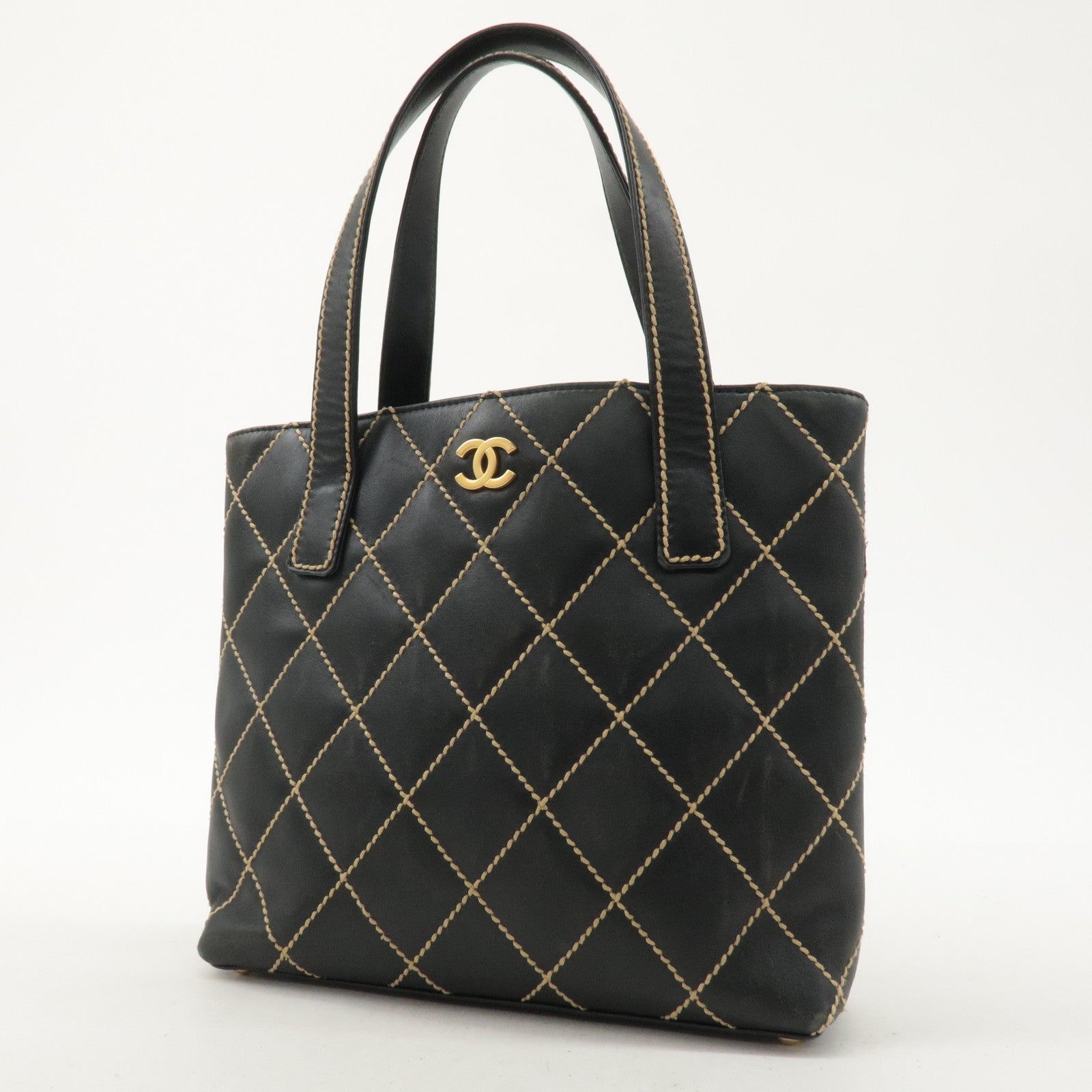 CHANEL Wild Stitch Leather Tote Bag Hand Bag Black