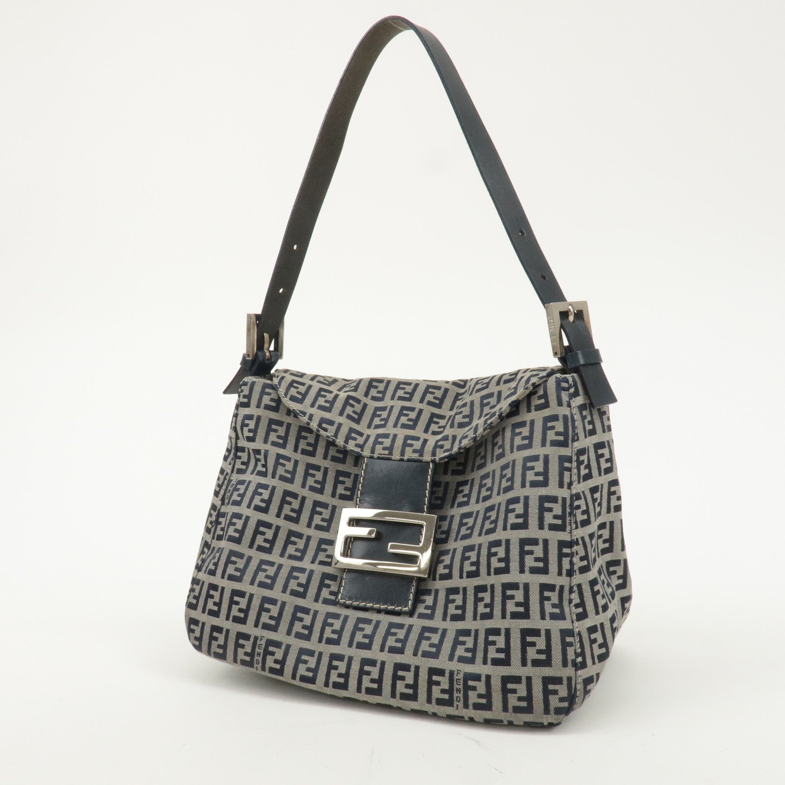 FENDI Zucchino Canvas Leather Shoulder Bag Gray Blue 26426