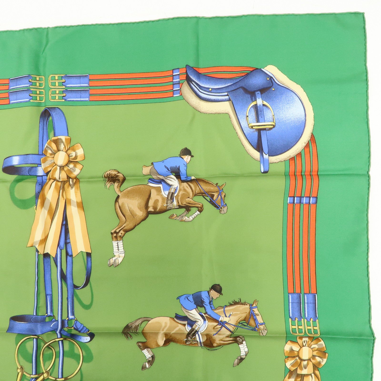 HERMES Carre 90 100% Silk Scarf JUMPING Riding Horse Green