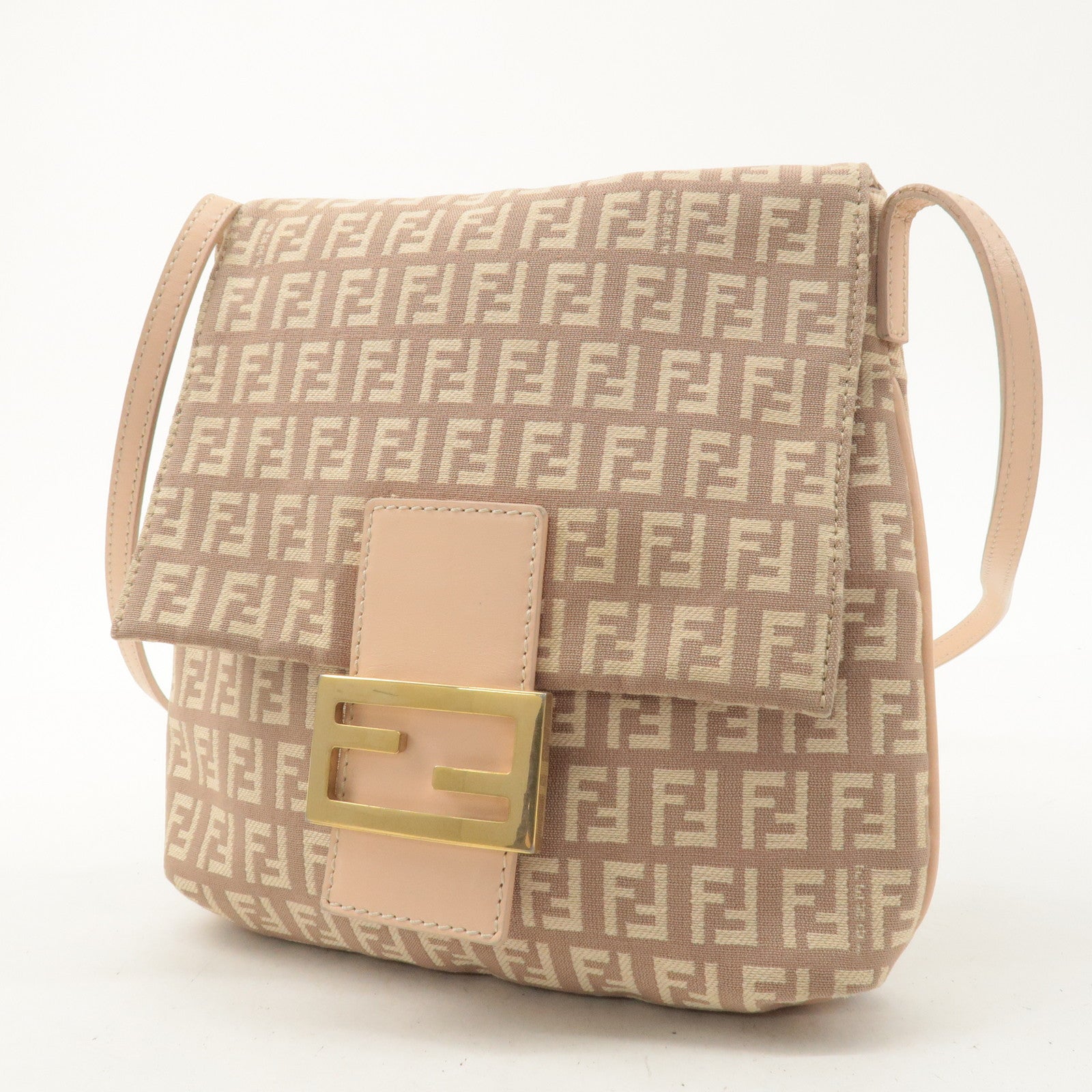 FENDI Zucchino Canvas Leather Shoulder Bag Pink Beige 8BT075