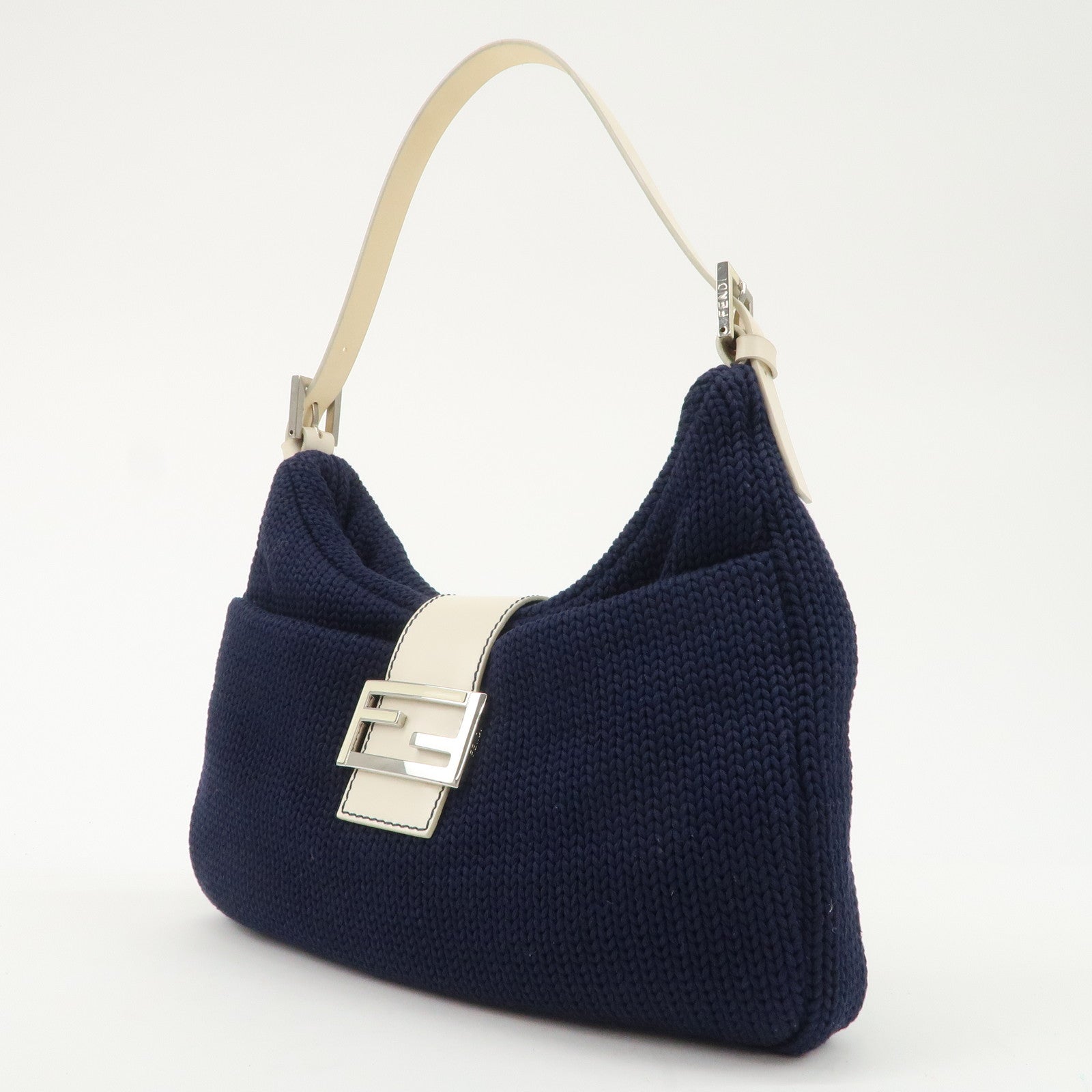 FENDI Wool Leather Shoulder Bag Navy White 26569