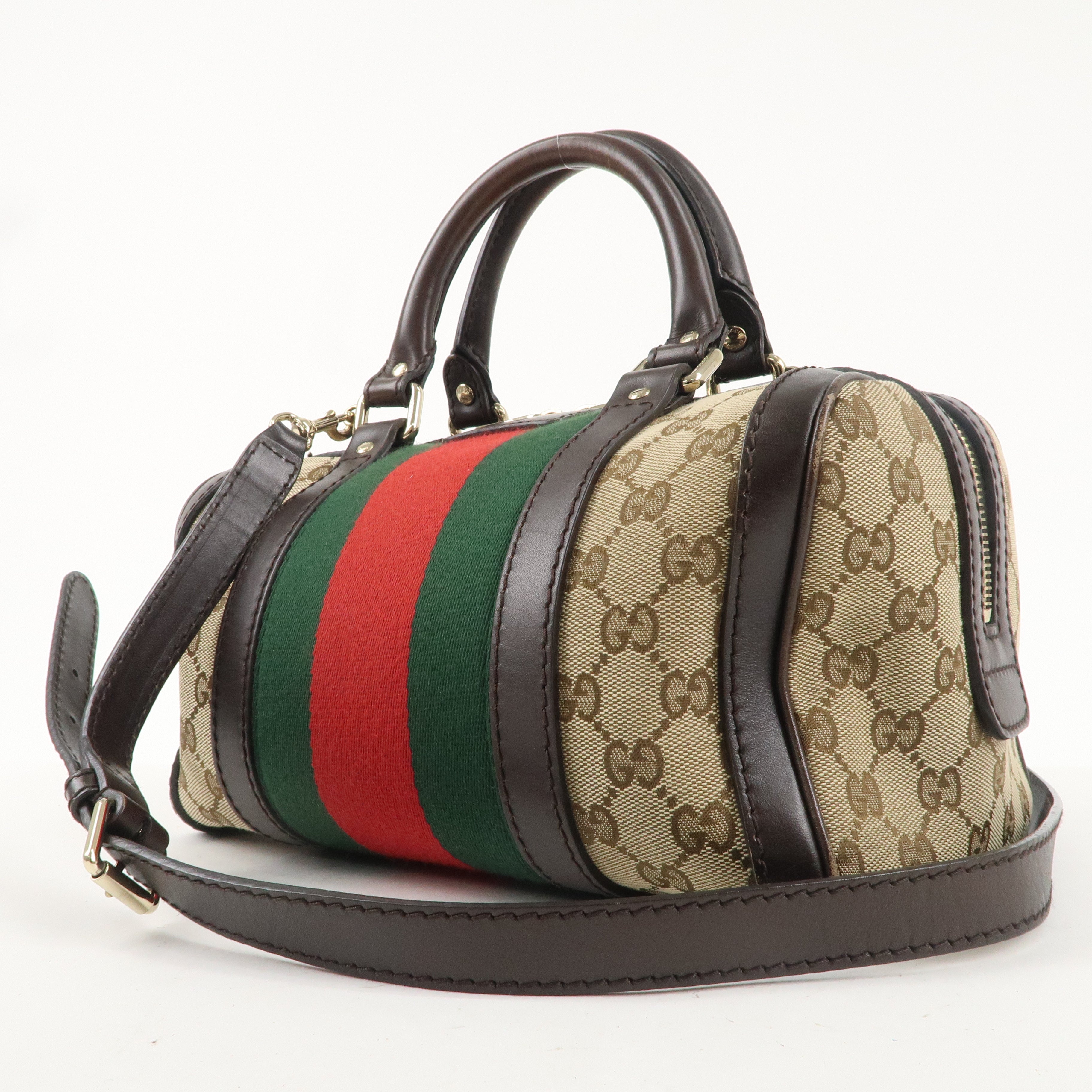 GUCCI Sherry GG Canvas Leather Boston Bag Beige Brown 269876