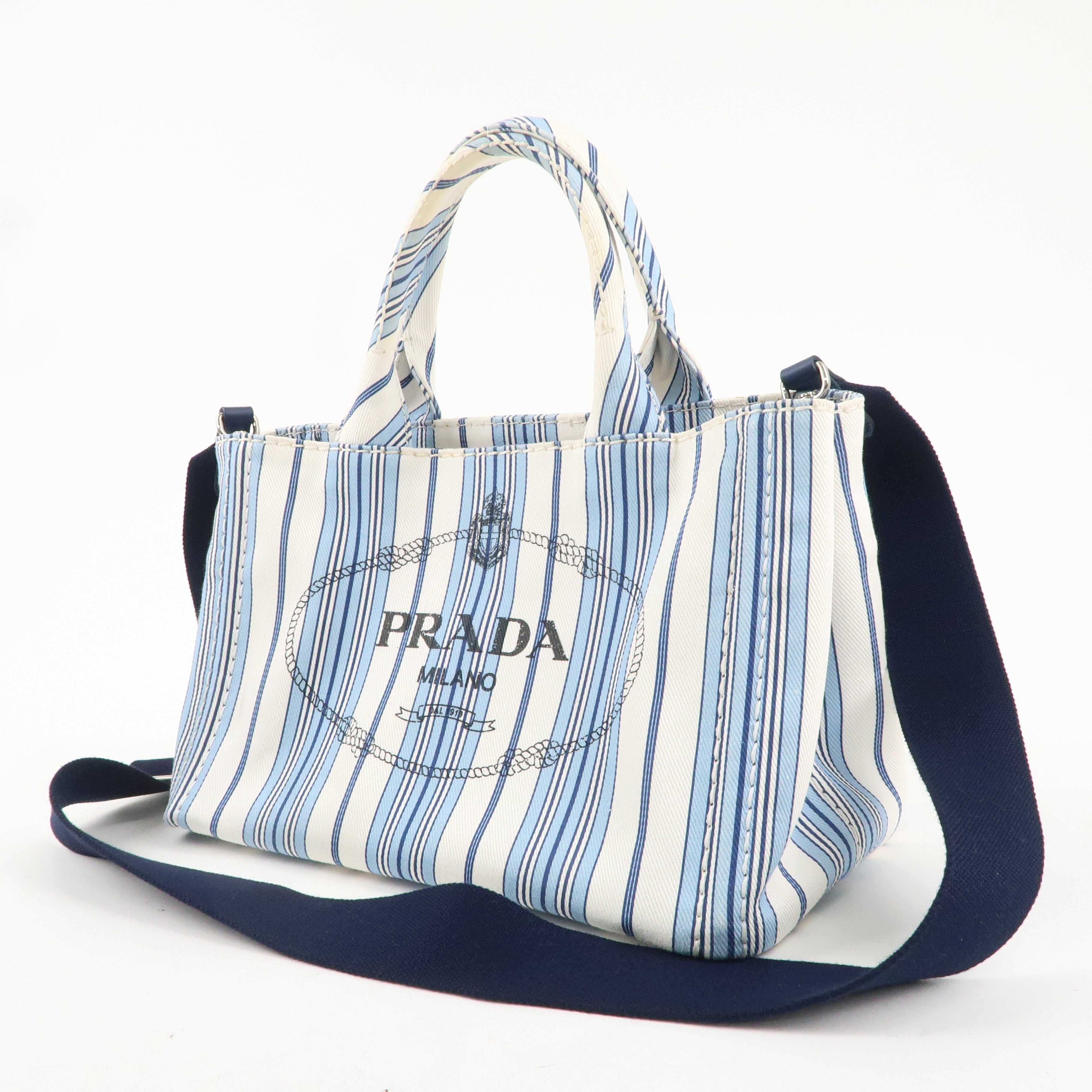 PRADA Canapa Canvas Mini Stripe 2Way Bag Hand Bag White Blue