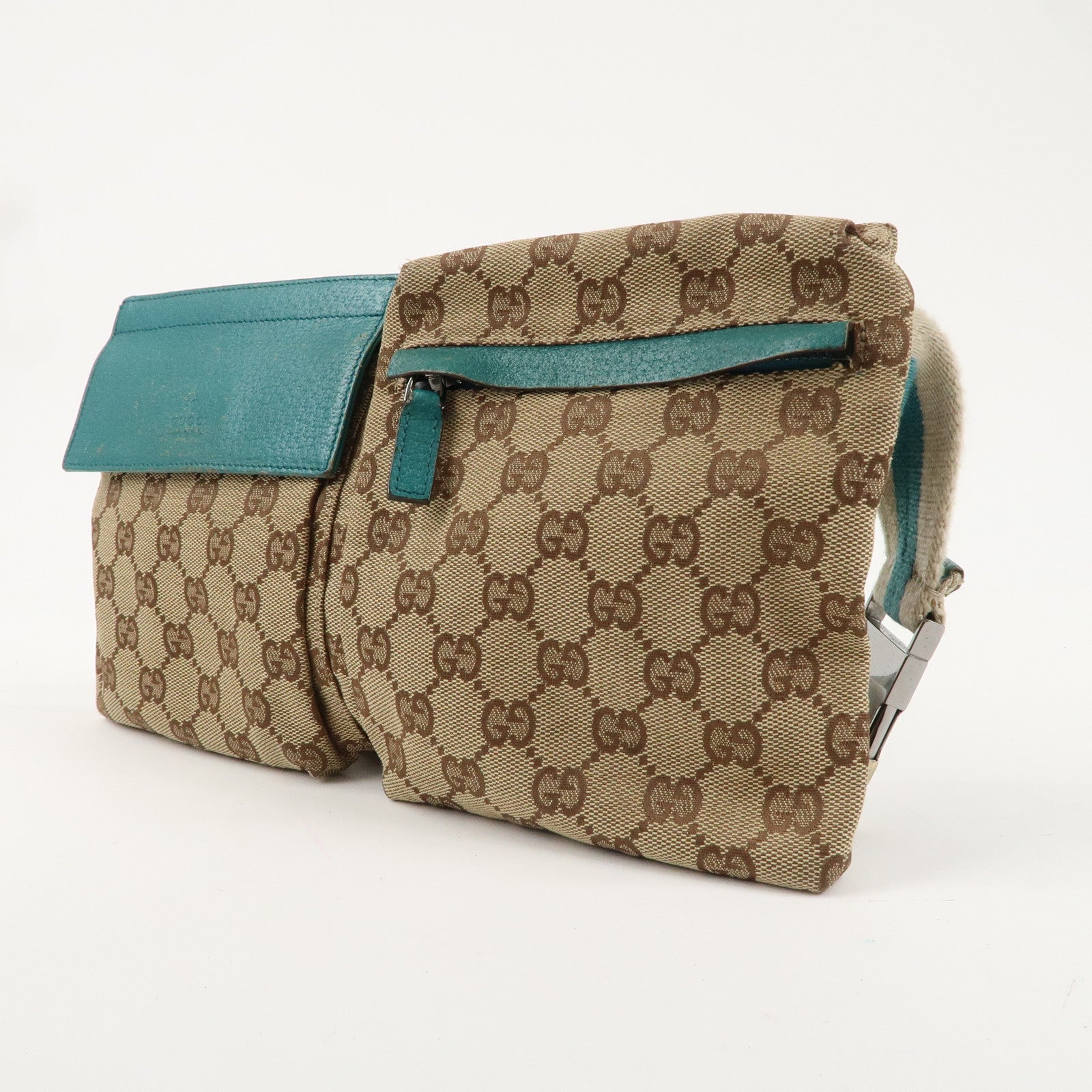 GUCCI GG Canvas Leather Waist Bag Crossbody Bag Turquoise 28566