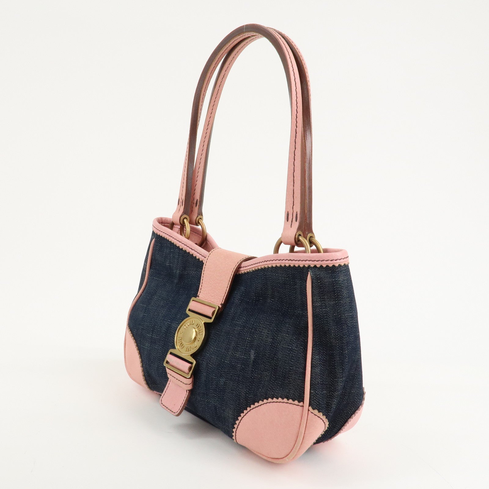 MIU MIU Denim Leather Indigo 2Way Tote Bag Shoulder Bag Pink Used