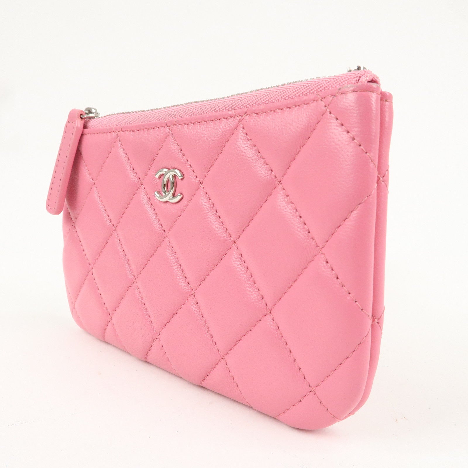 CHANEL Matelasse Lambskin Pouch Pink Silver Hardware