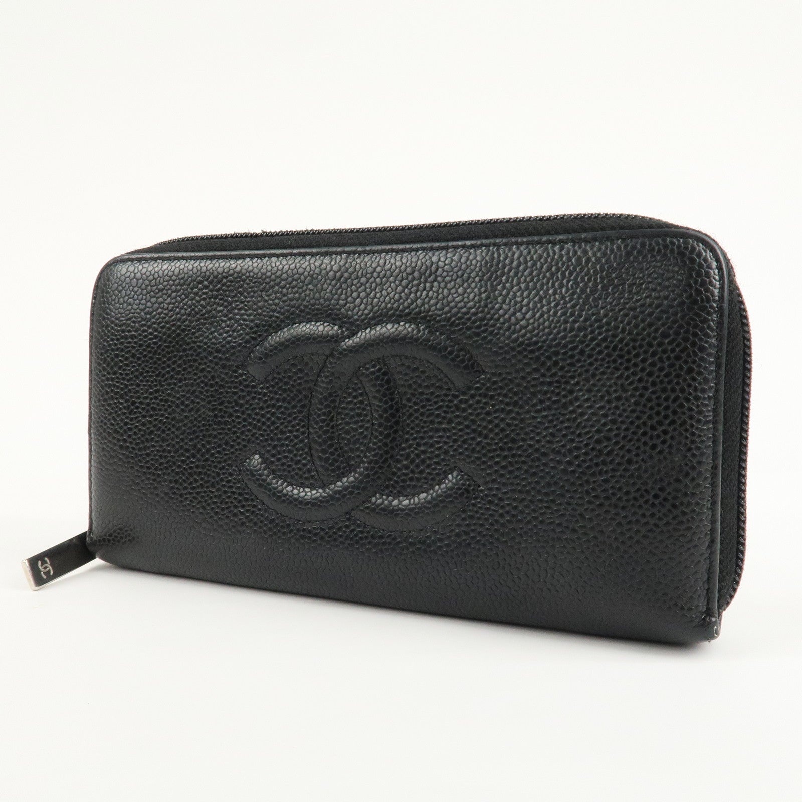 CHANEL Caviar Skin Zip Around Long Wallet Black A50071