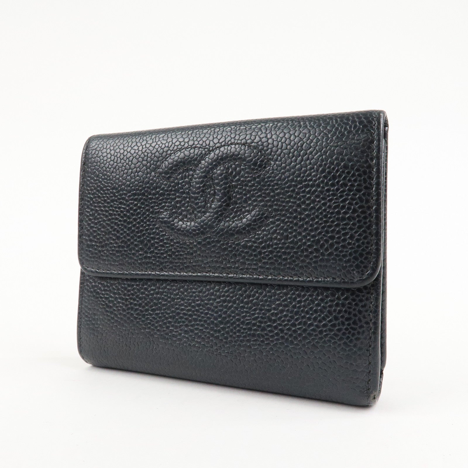 CHANEL COCO Mark Caviar Skin Bi-hold Wallet Black Used