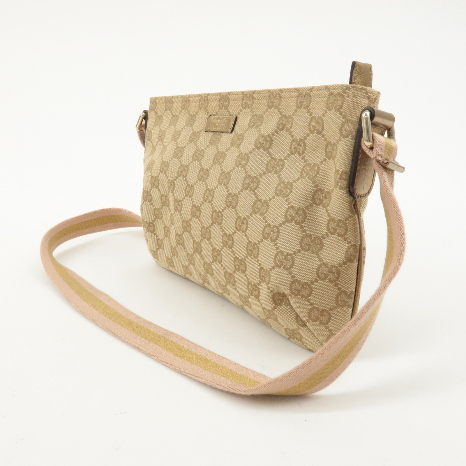 GUCCI GG Canvas Leather Shoulder Bag Purse Beige Gold 189749