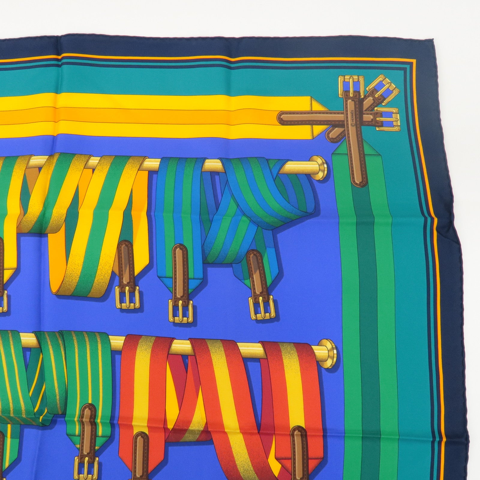 HERMES Carre 90 100% Silk Scarf Les Sangles Blue Green Yellow Red