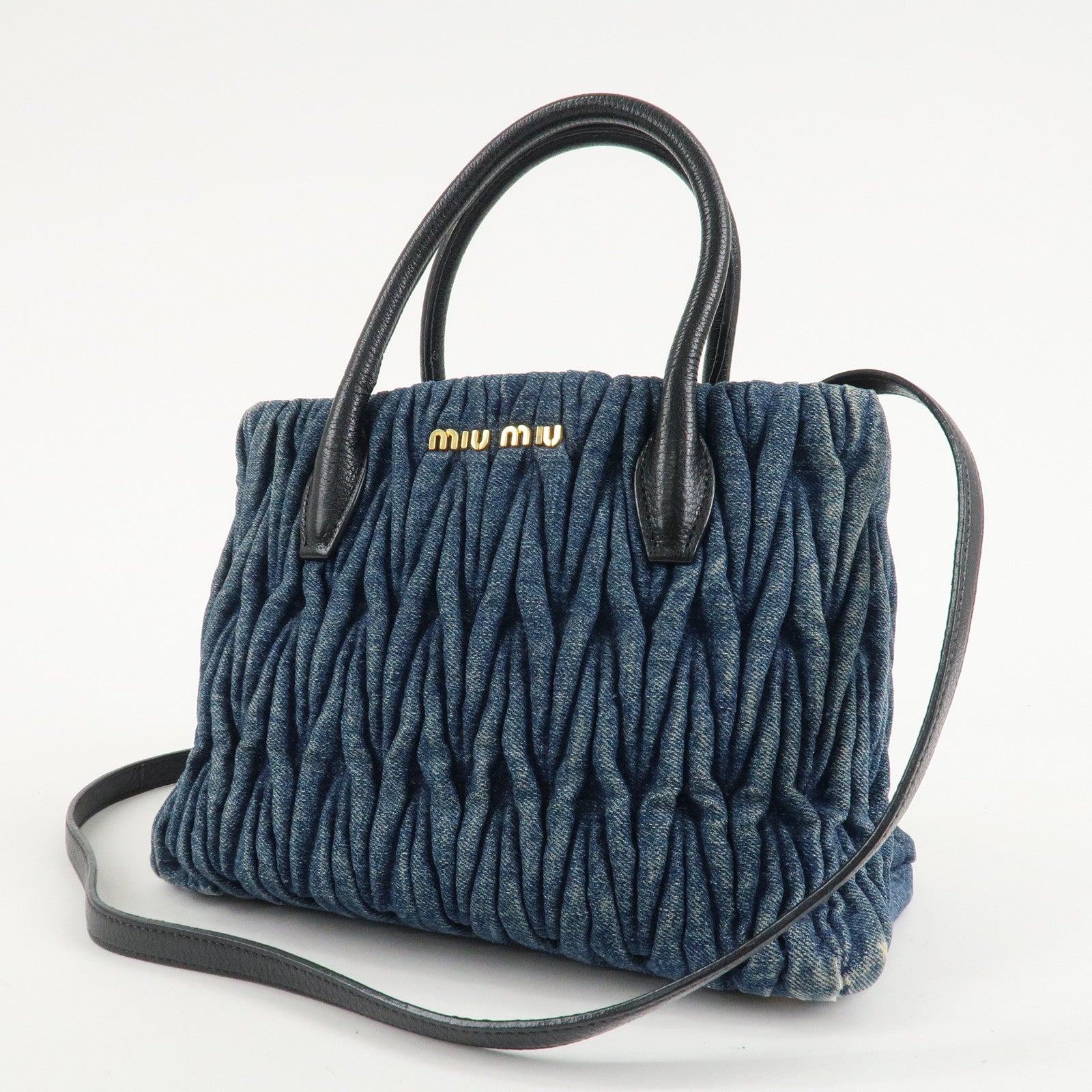 MIU MIU Matelasse Denim Leather 2Way Bag Hand Bag Blue Black