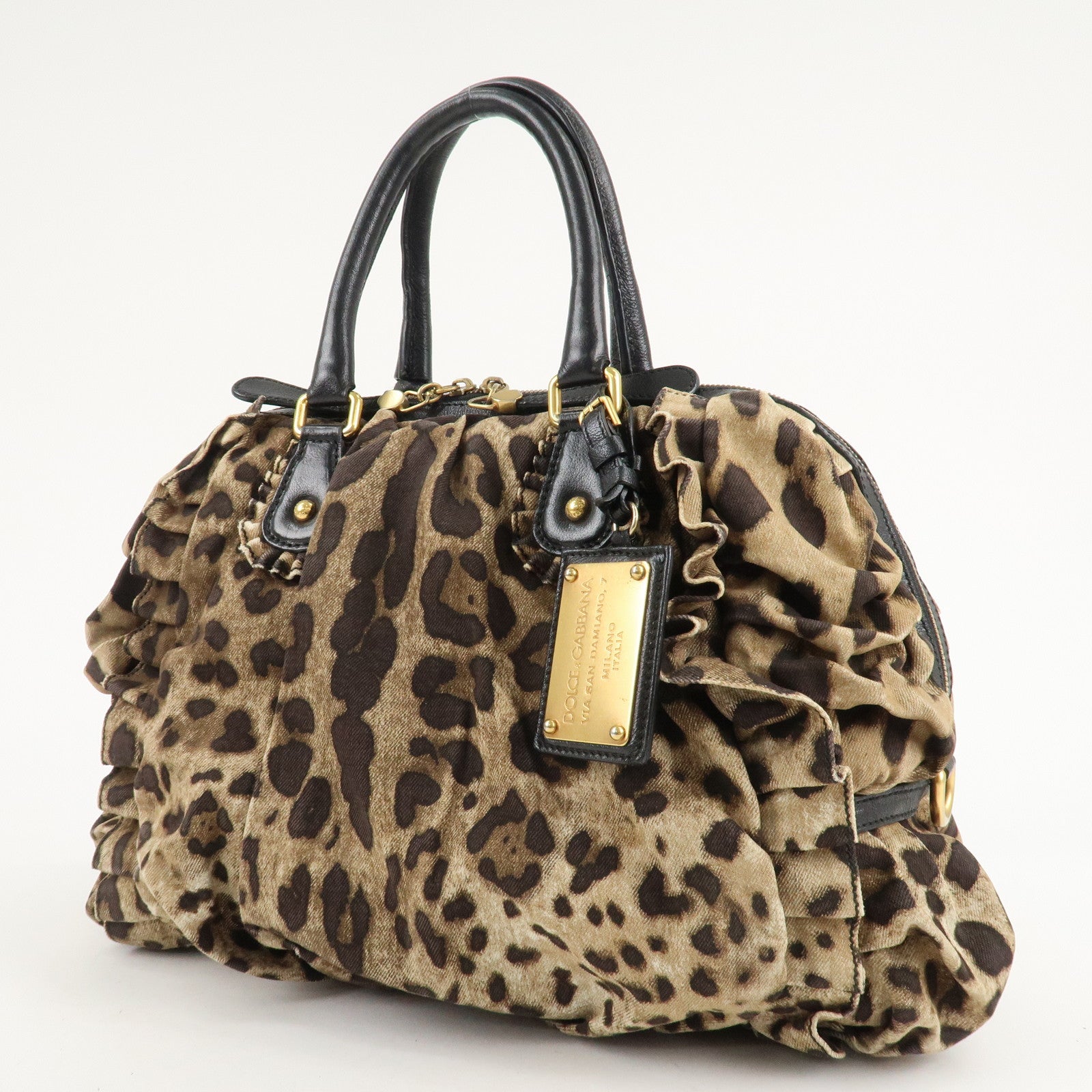 Dolce&Gabbana Canvas Leather Leopard Hand Bag Brown Black Used