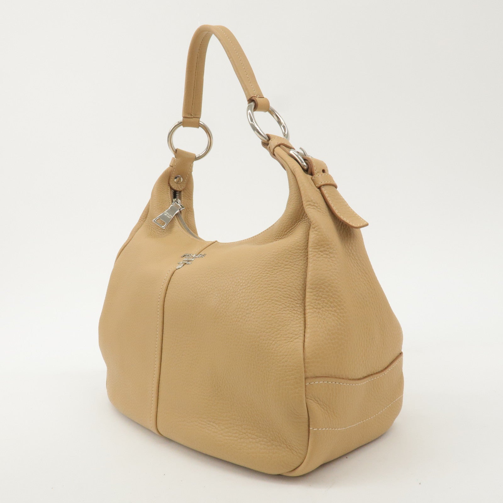 PRADA Logo Leather One Shoulder Bag Hand Bag Beige BR4373