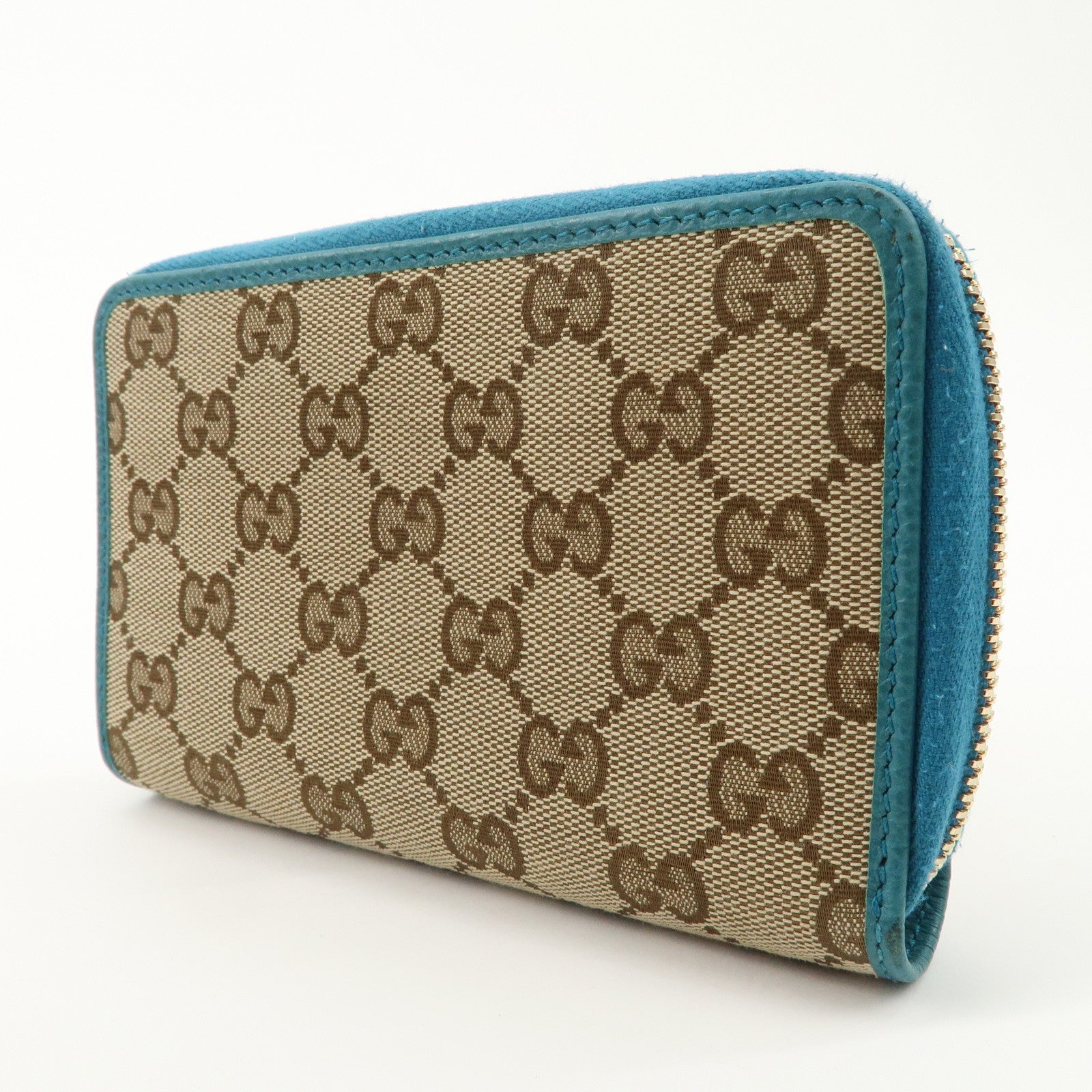 GUCCI Leather Round Zipper Bi-fold Wallet Beige Blue 420113 Used