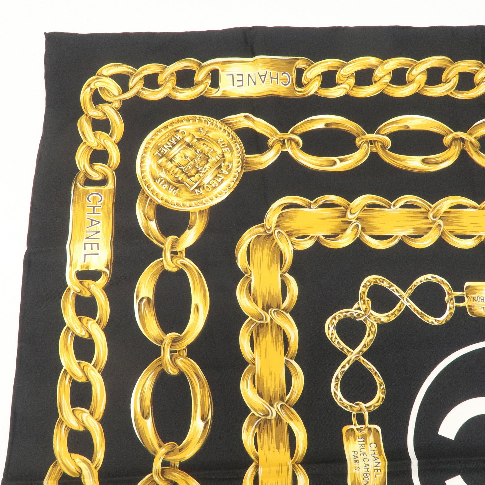 CHANEL Silk 100 % Scarf Coco Mark Chain Black Gold Used