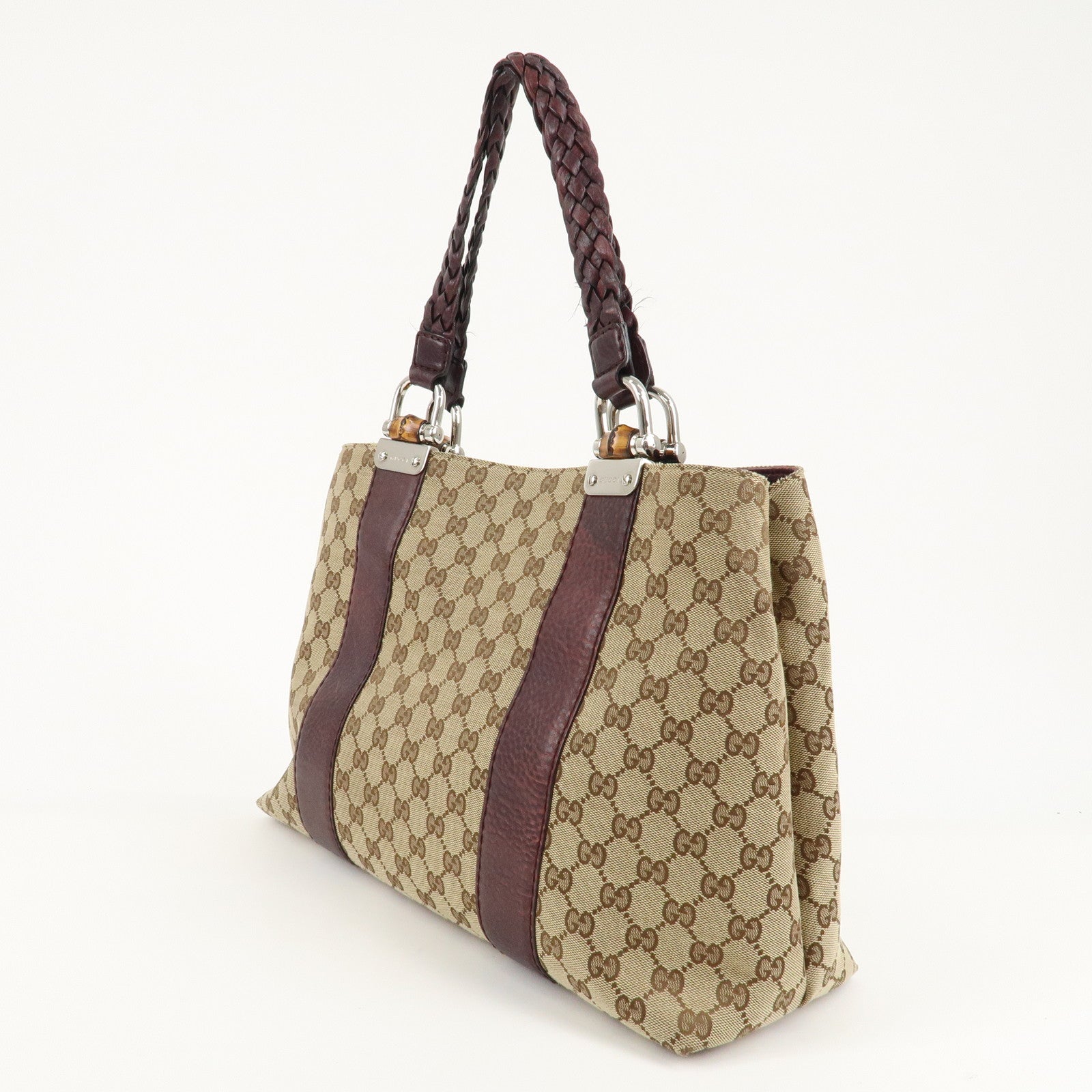 GUCCI Bamboo Bar GG Canvas Leather Tote Bag Beige Brown 232947 Used