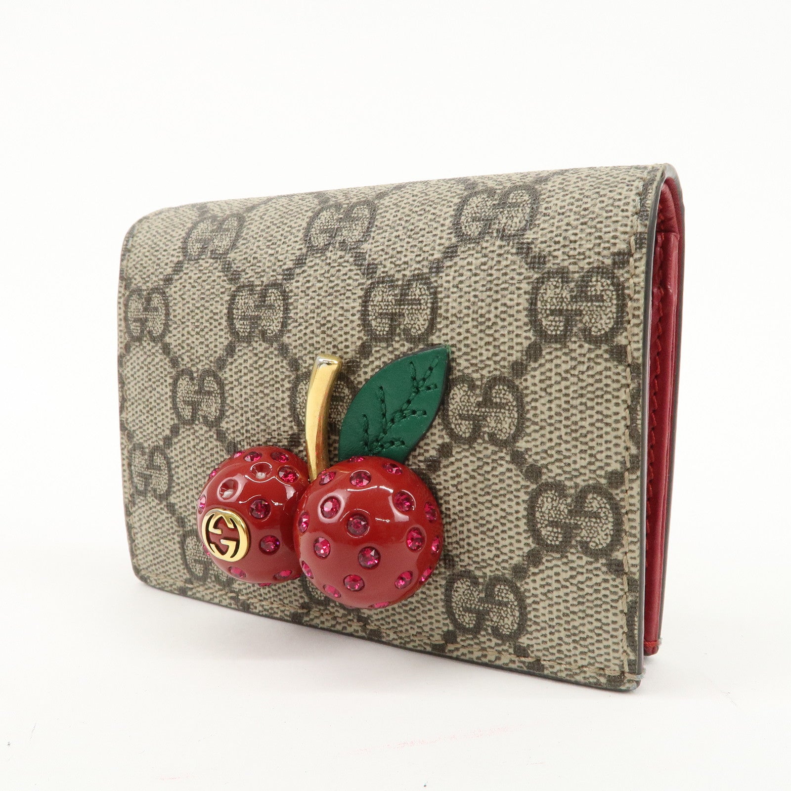 GUCCI Cherry GG Supreme Leather Compact Wallet Card Case 476050 Used