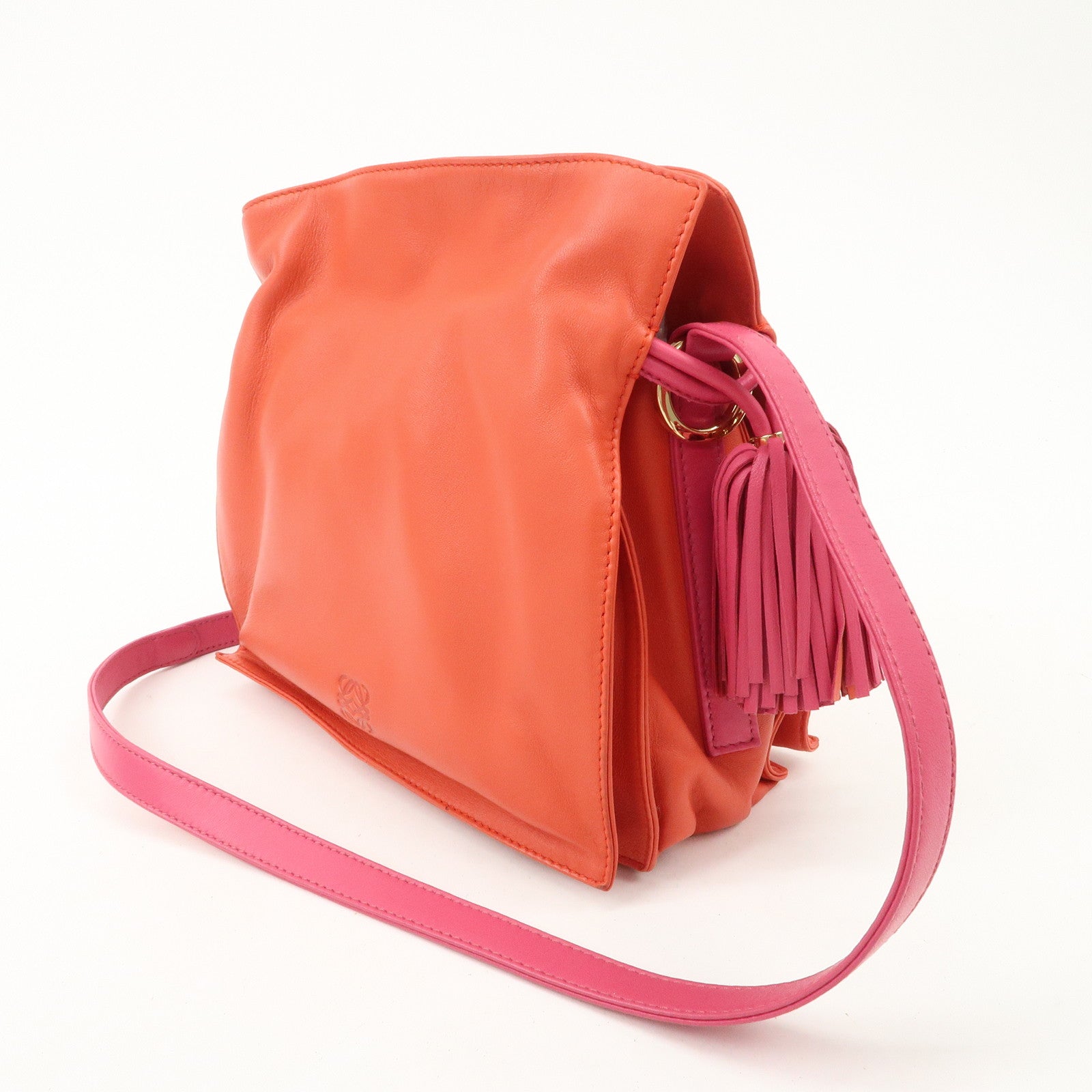 LOEWE Anagram Leather Framenco Shoulder Bag Orange Pink Used