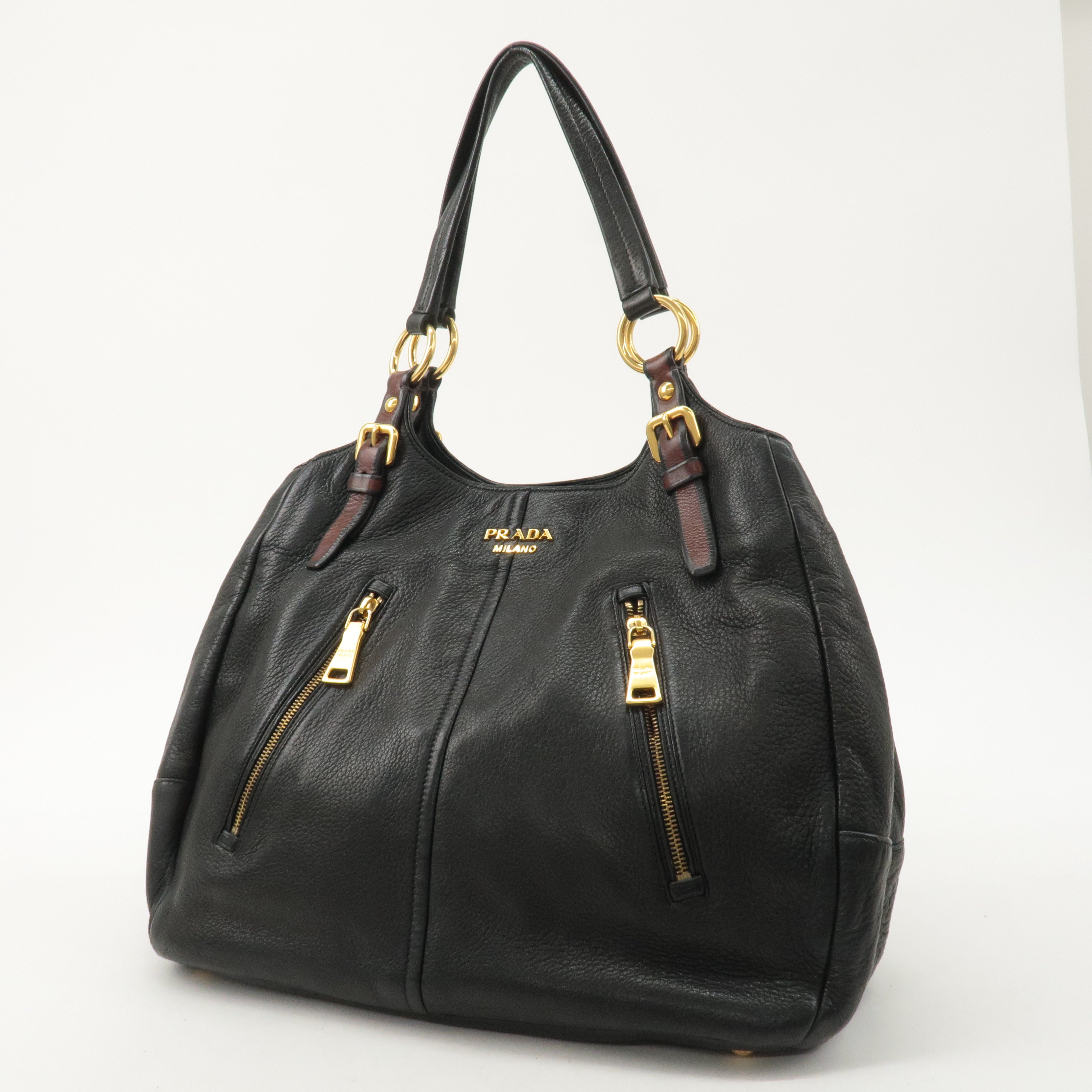 PRADA Leather Tote Bag Shoulder Bag Black Brown