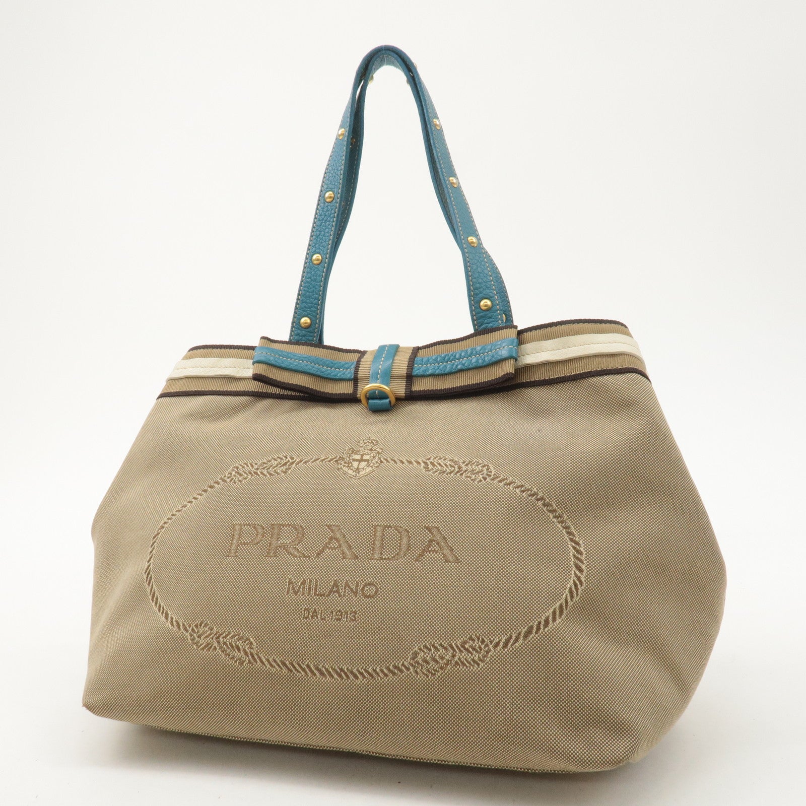 PRADA Logo Jacquard Leather Tote Bag Hand Bag Beige Light Blue